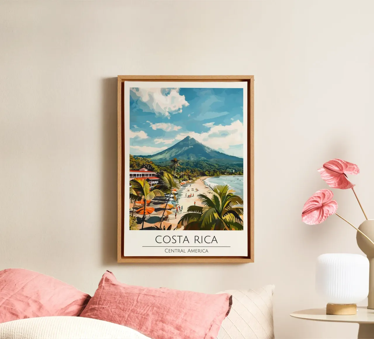 Costa Rica Strand & Vulkaan Vintage Reisposter canvas met Baklijst van homdeco