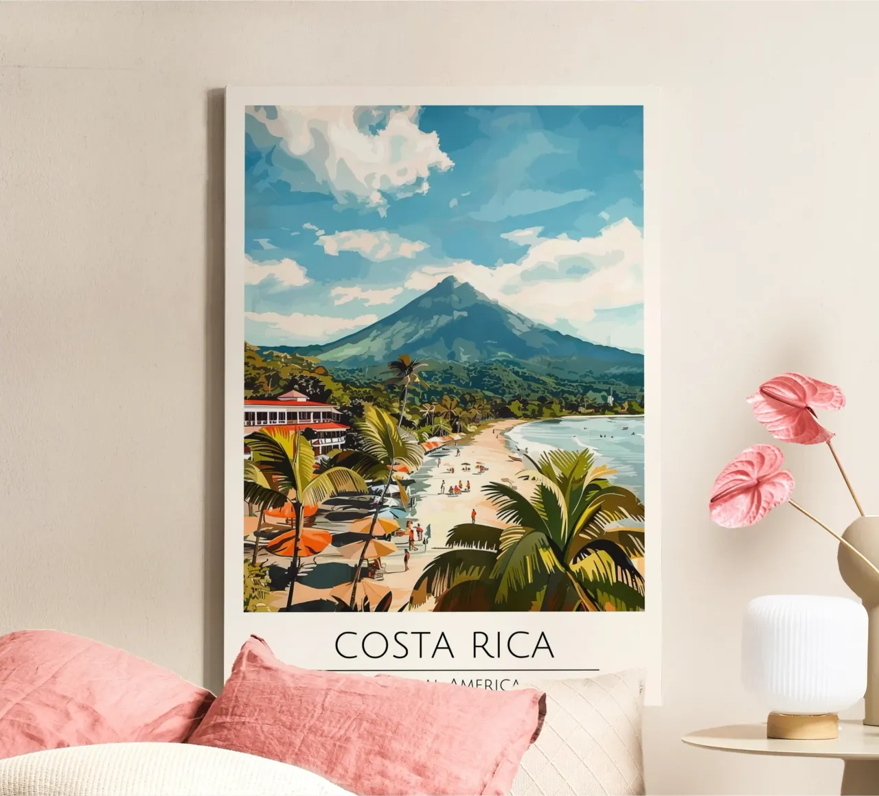 Costa Rica Strand & Vulkaan Vintage Reisposter canvas met Baklijst van homdeco