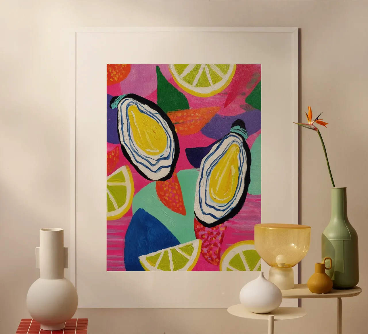 Due ostriche e quattro limoni | Freschezza del mare poster con telaio in alluminio da Autofocus