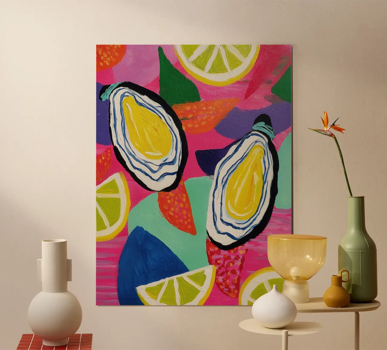 Due ostriche e quattro limoni | Freschezza del mare poster con telaio in alluminio da Autofocus