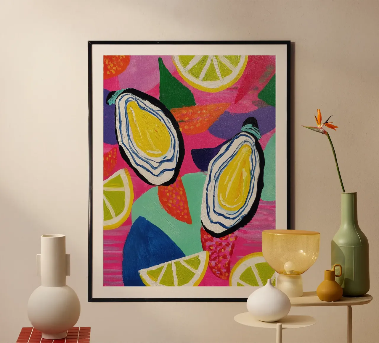 Due ostriche e quattro limoni | Freschezza del mare poster con telaio in alluminio da Autofocus