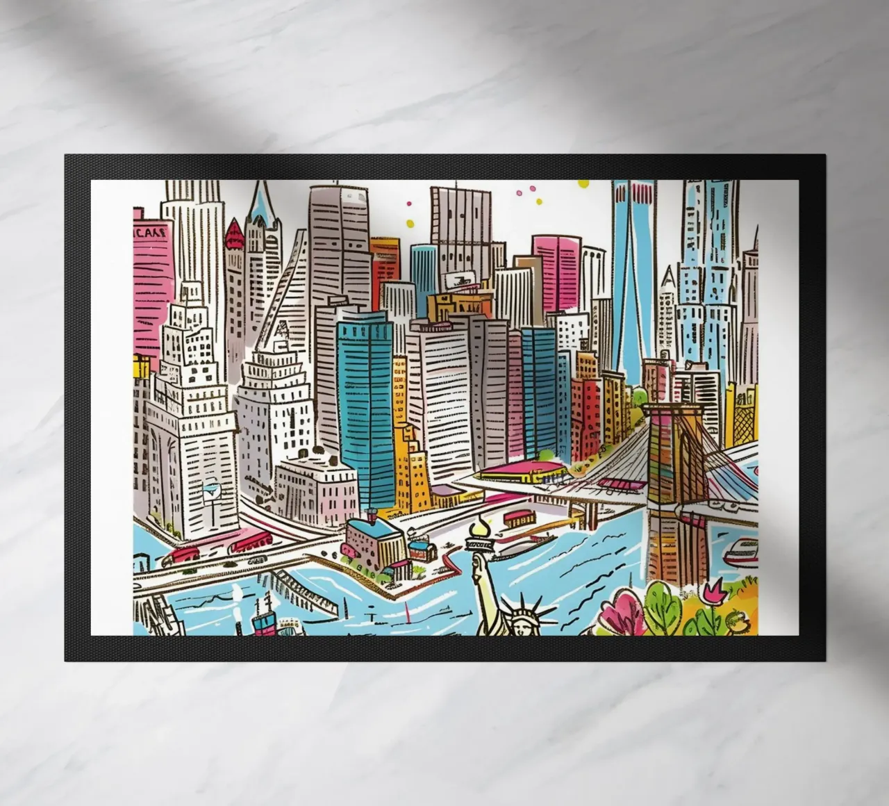 New York City Illustration Buntes Reiseposter Fußmatte von homdeco