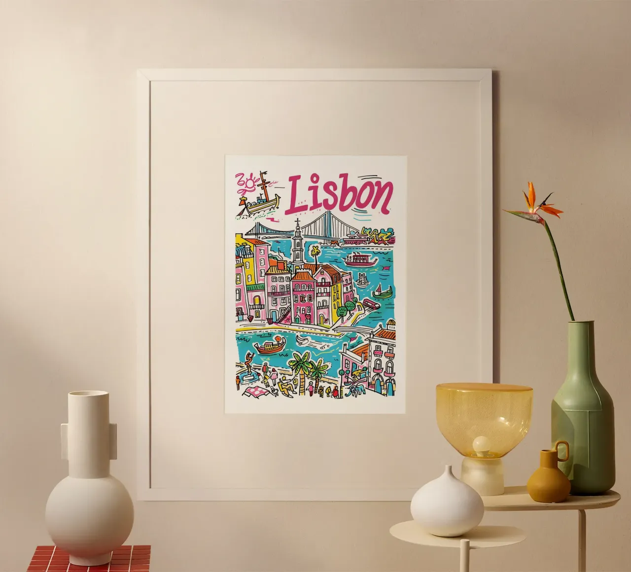 Lisbona Portogallo, città colorata e divertente Poster artistico poster con telaio in plastica da homdeco