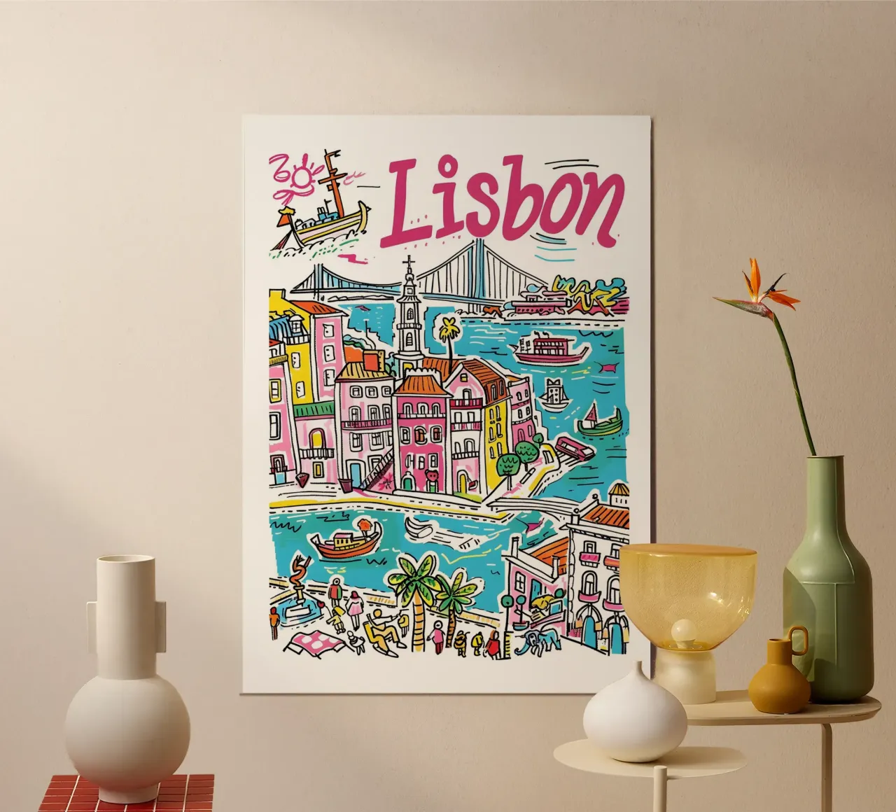 Lisbona Portogallo, città colorata e divertente Poster artistico poster con telaio in plastica da homdeco