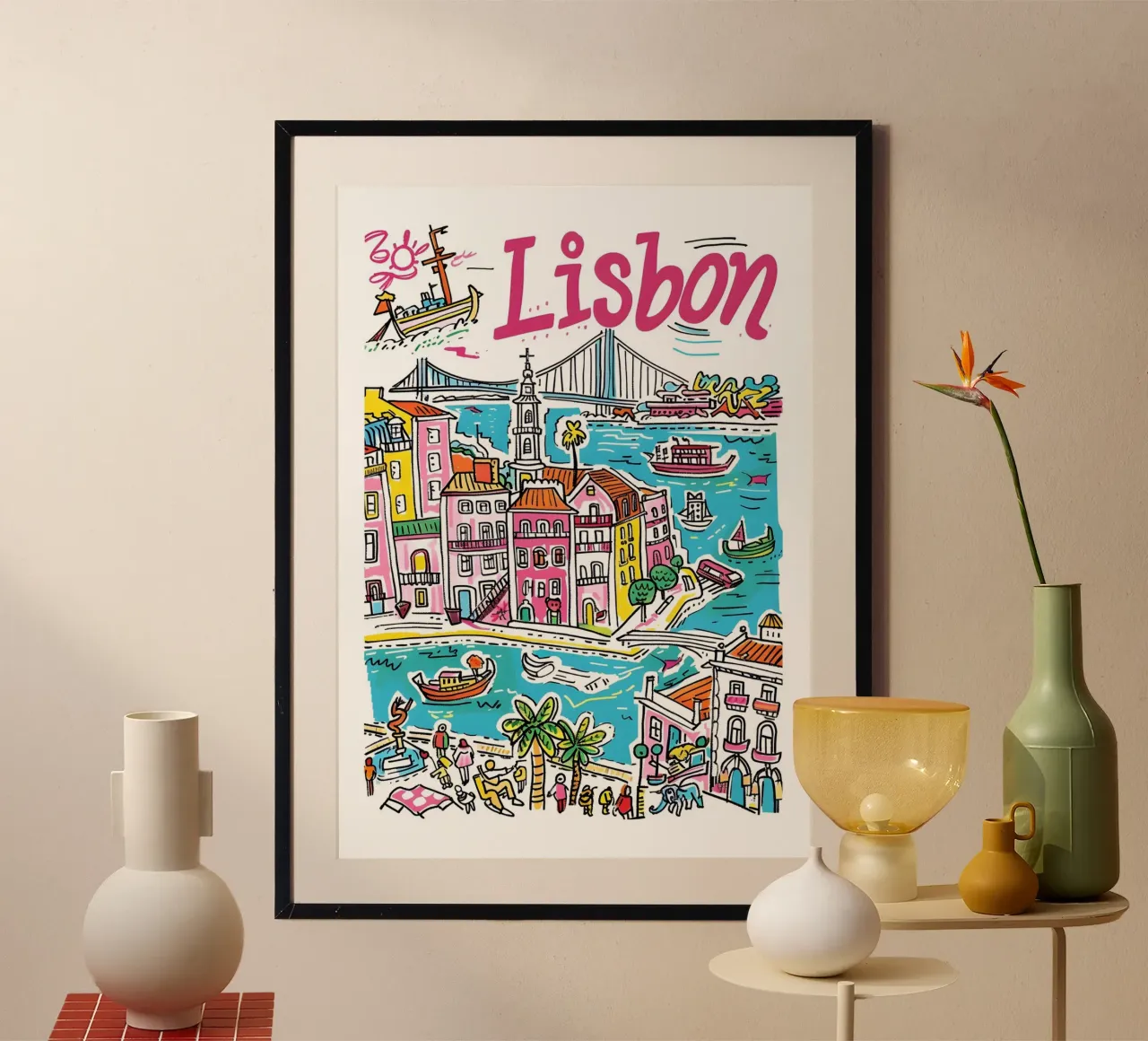 Lisbona Portogallo, città colorata e divertente Poster artistico poster con telaio in plastica da homdeco