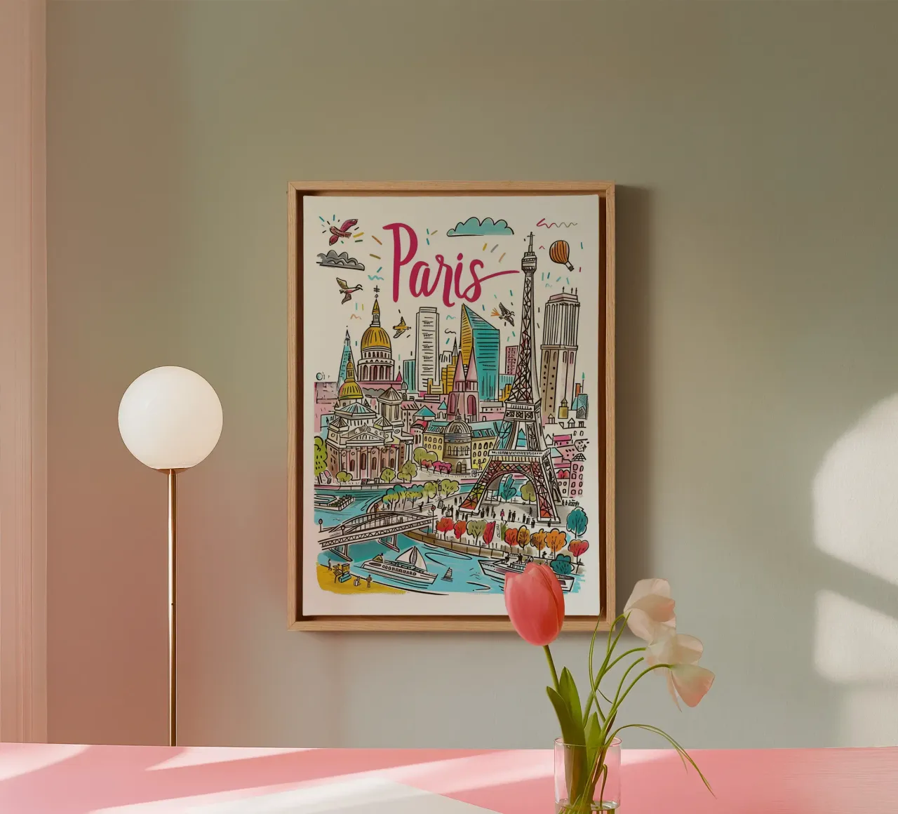 Parijs Frankrijk Kleurrijke Funky Stadsposter canvas met Baklijst van homdeco
