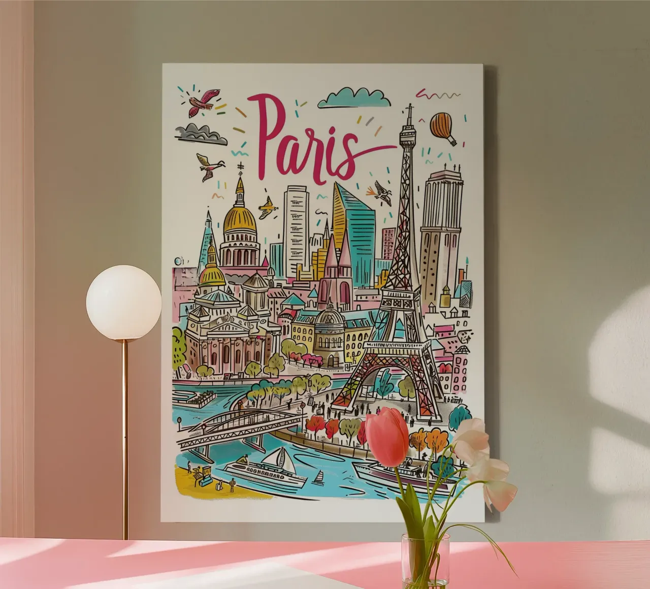 Parijs Frankrijk Kleurrijke Funky Stadsposter canvas met Baklijst van homdeco
