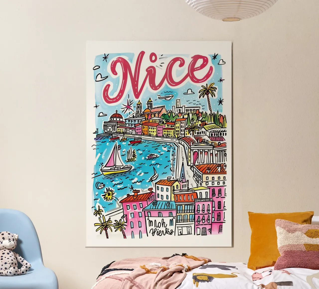 Nizza Francia, città colorata e divertente Poster artistico poster con telaio in plastica da homdeco