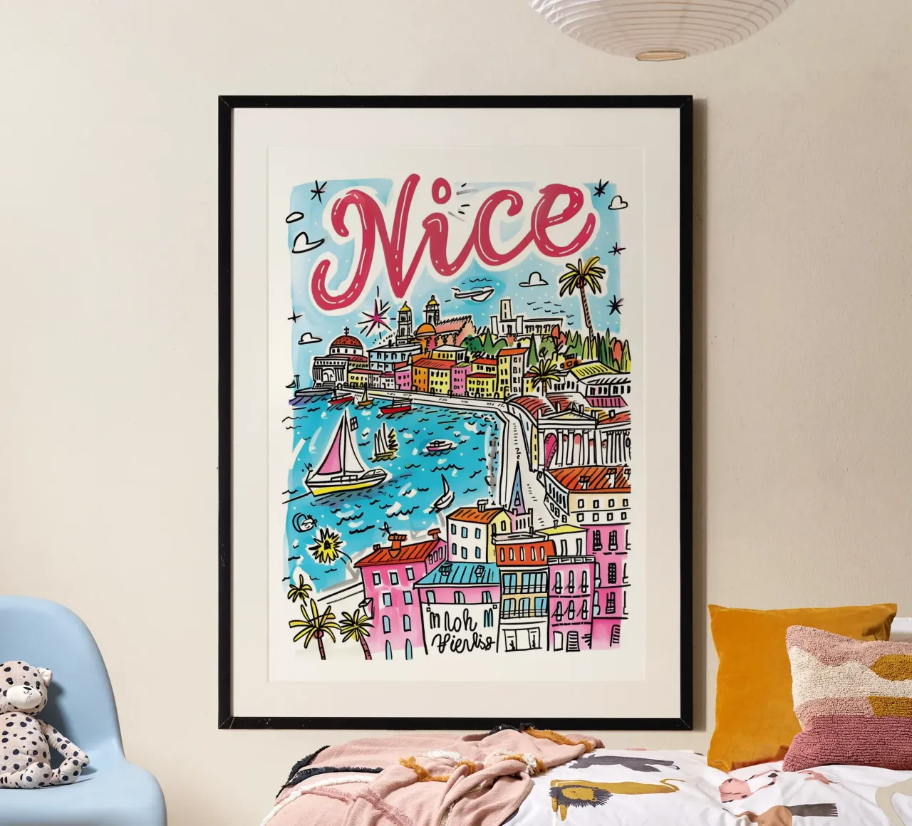 Nizza Francia, città colorata e divertente Poster artistico poster con telaio in plastica da homdeco