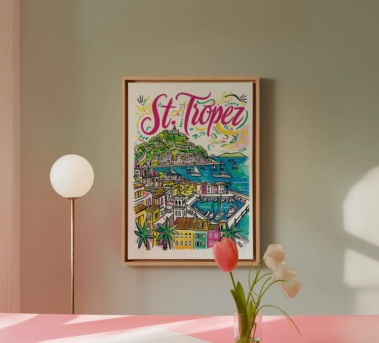 St Tropez Frankrijk Kleurrijke Funky Stadsposter canvas met Baklijst van homdeco