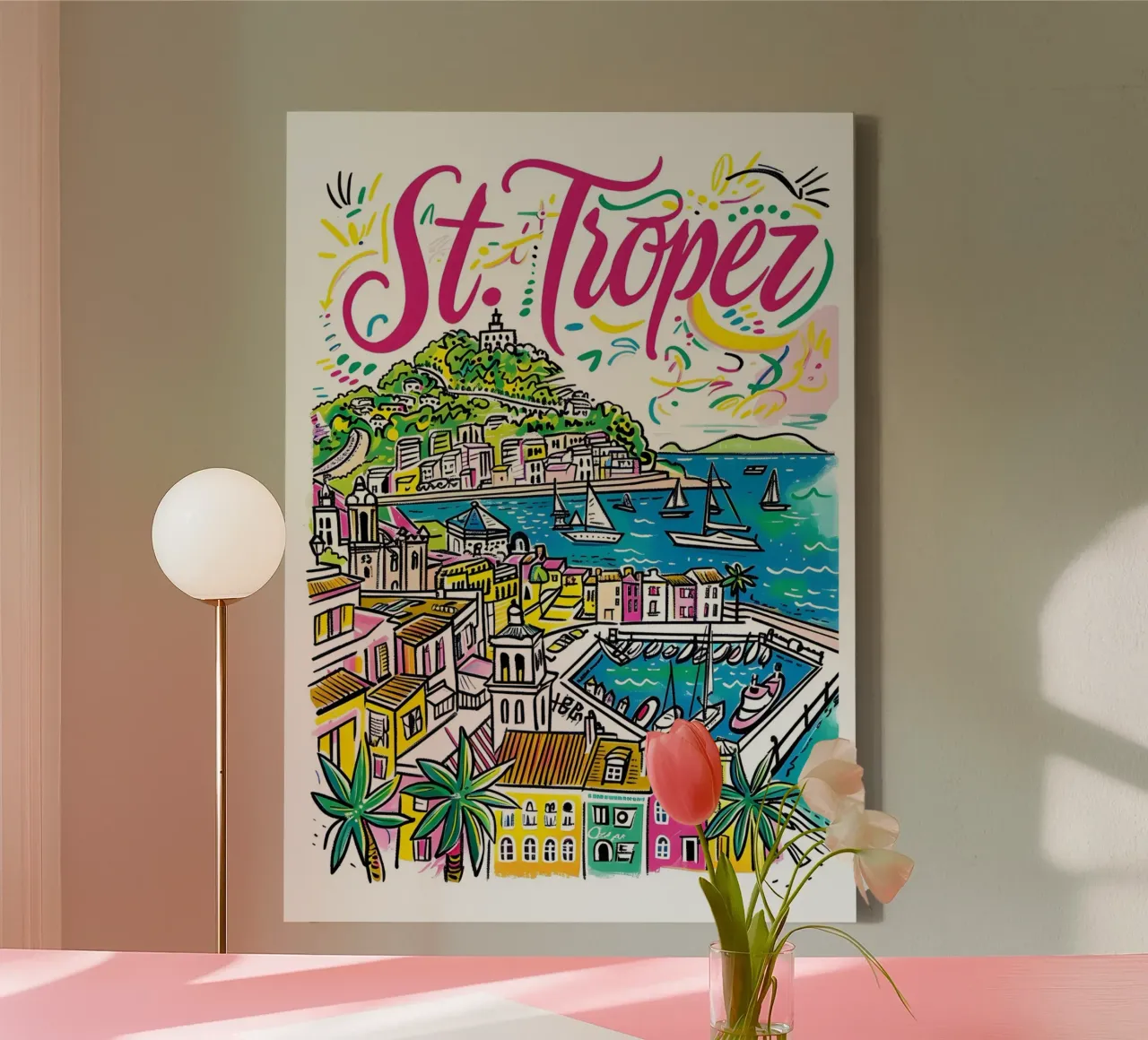 St Tropez Frankrijk Kleurrijke Funky Stadsposter canvas met Baklijst van homdeco