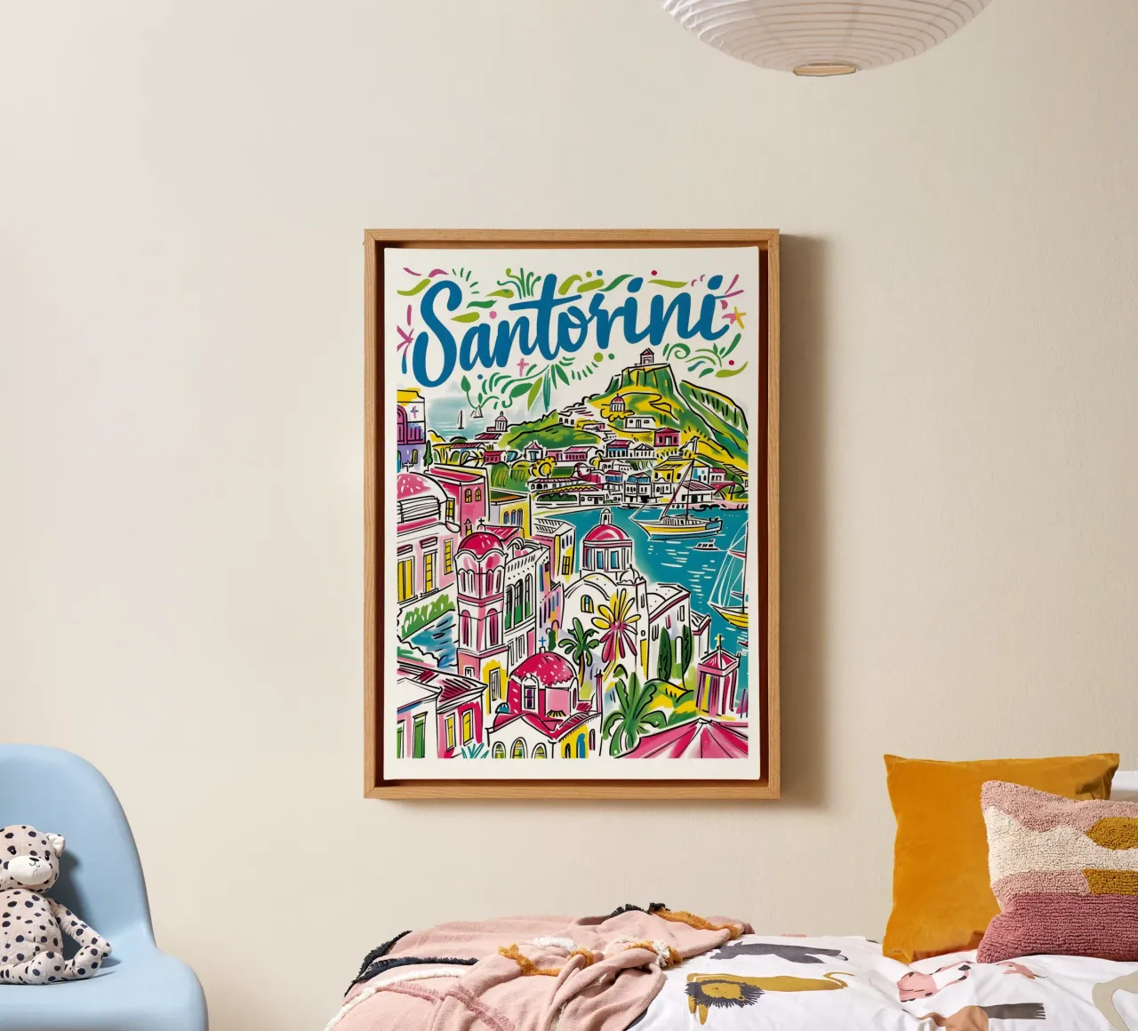 Santorini Grecia Arte di viaggio colorata e divertente tela con Cornice a cassetta da homdeco
