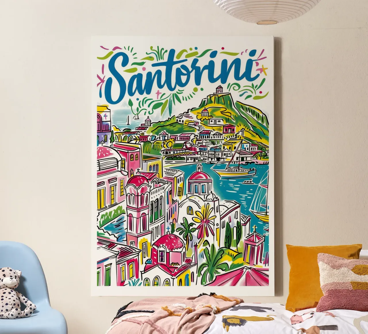 Santorini Grecia Arte di viaggio colorata e divertente tela con Cornice a cassetta da homdeco