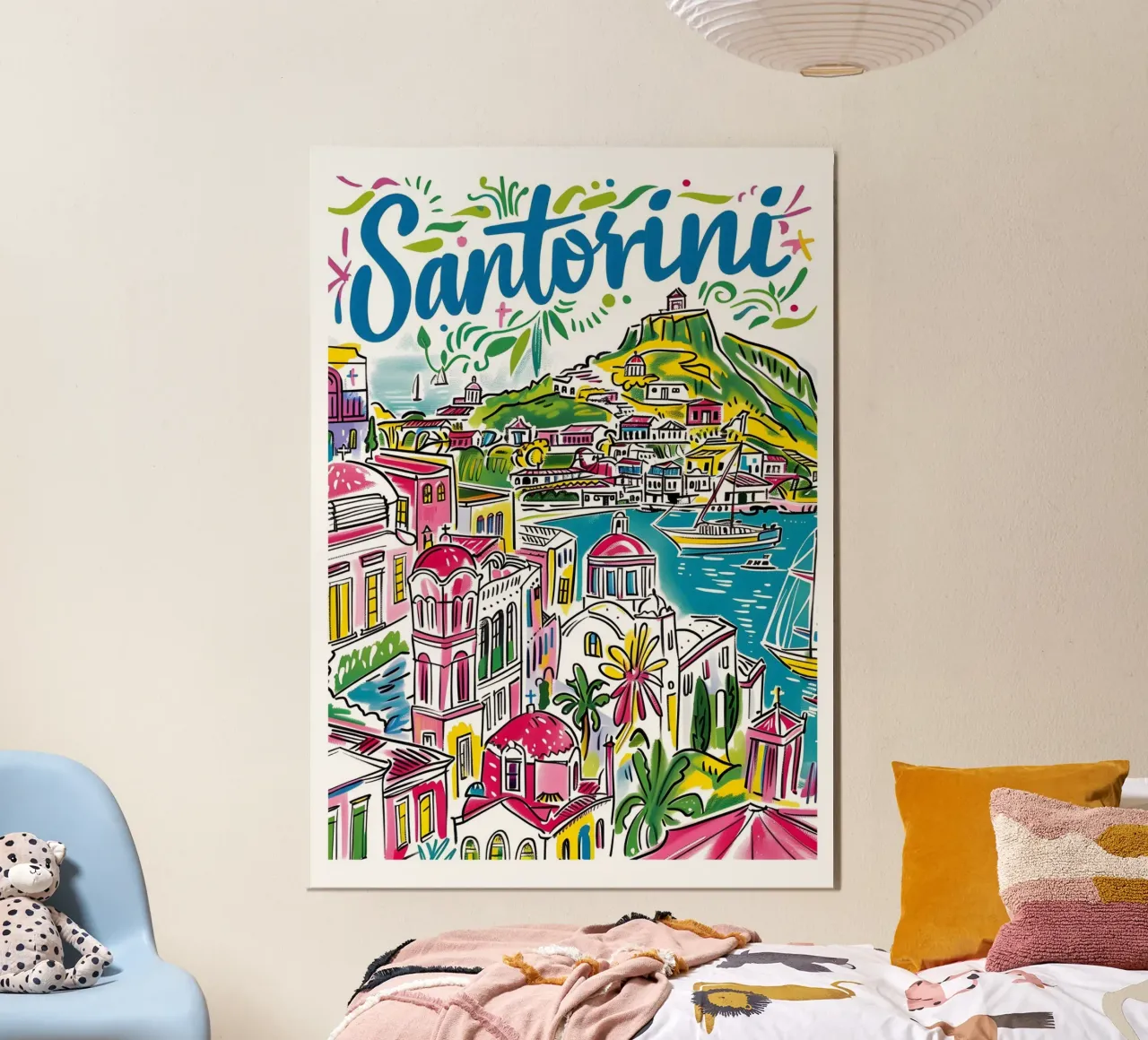 Santorini Grecia Arte di viaggio colorata e divertente poster da homdeco