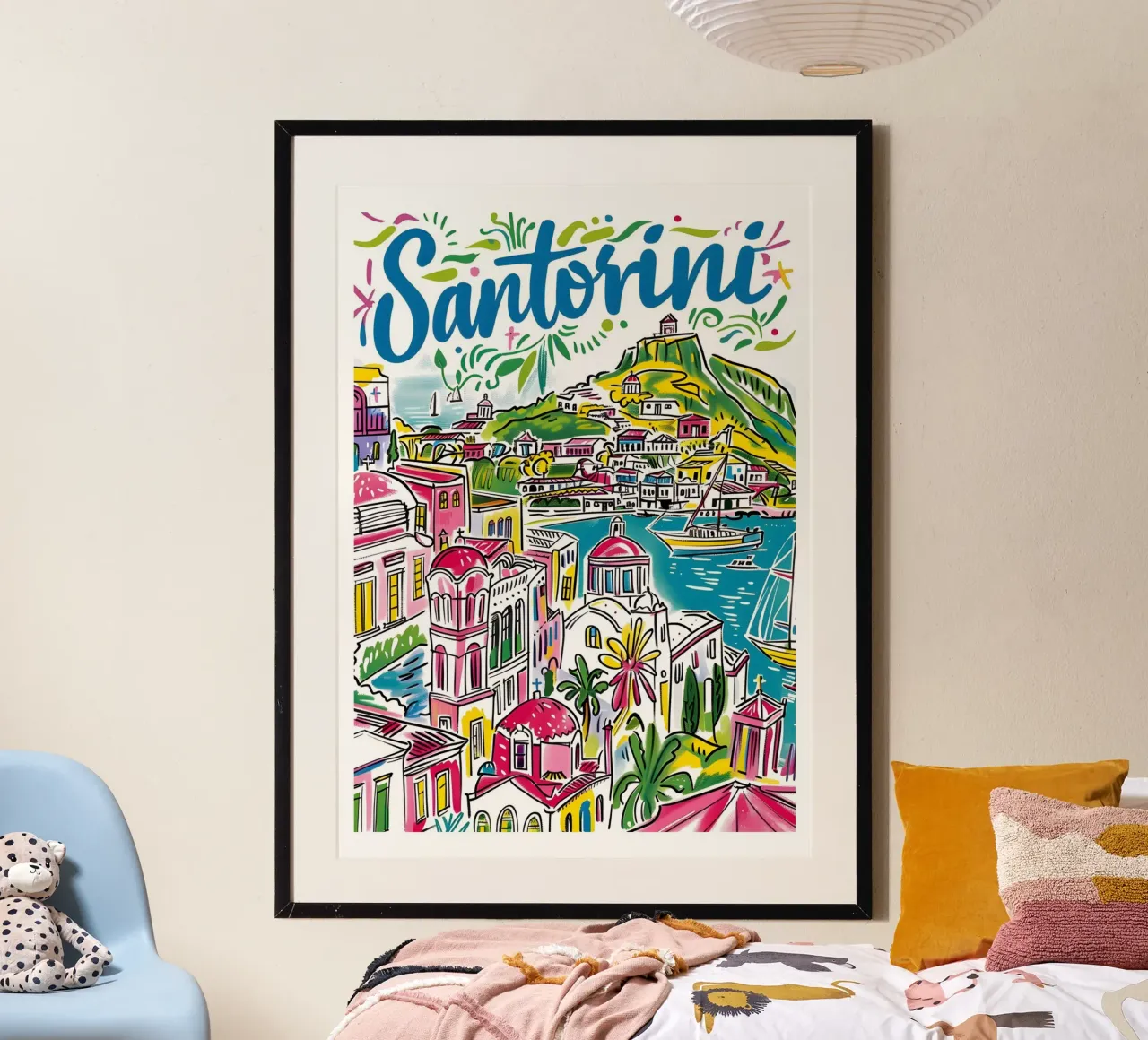 Santorini Grecia Arte di viaggio colorata e divertente poster da homdeco