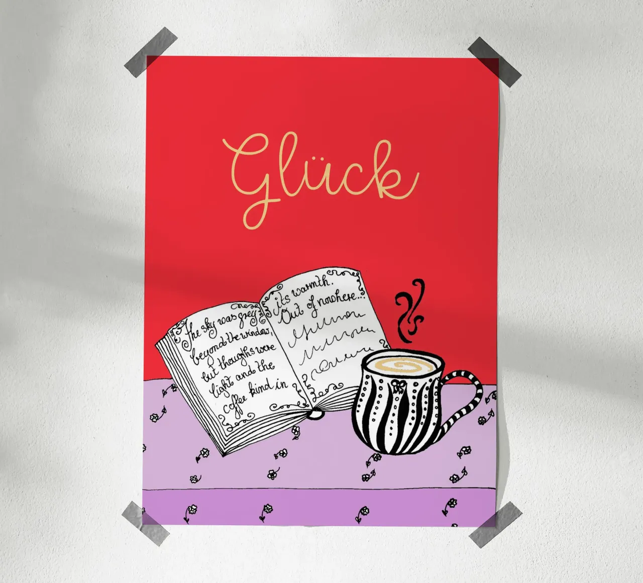 Libro e tazza portafortuna - rosso rosa giallo poster da PaperLine Art