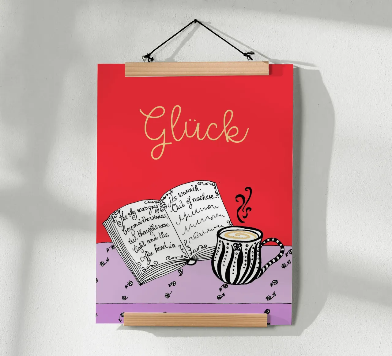 Libro e tazza portafortuna - rosso rosa giallo poster da PaperLine Art