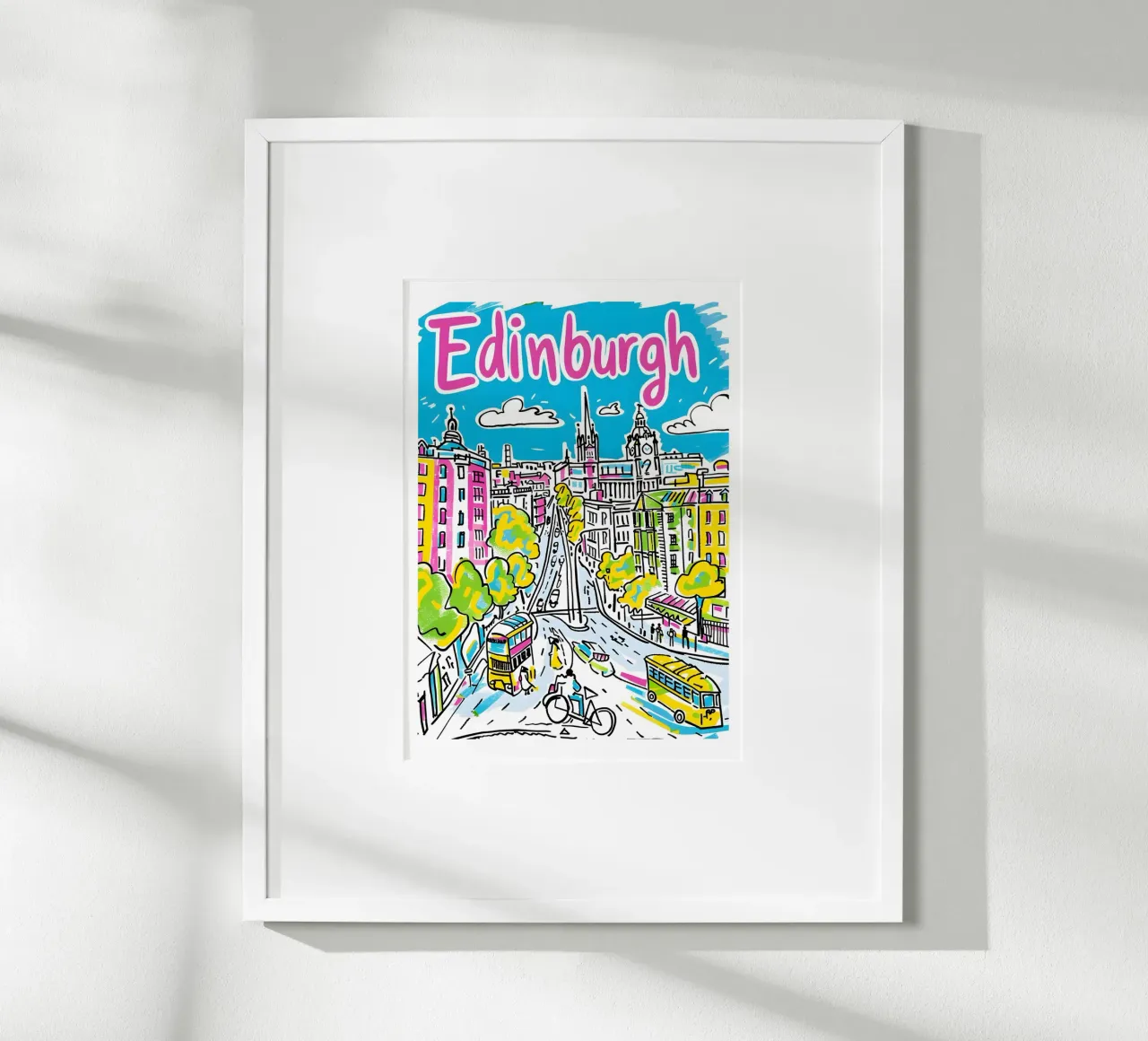 Edimburgo Scozia, città colorata e divertente Poster artistico poster con telaio in legno da homdeco