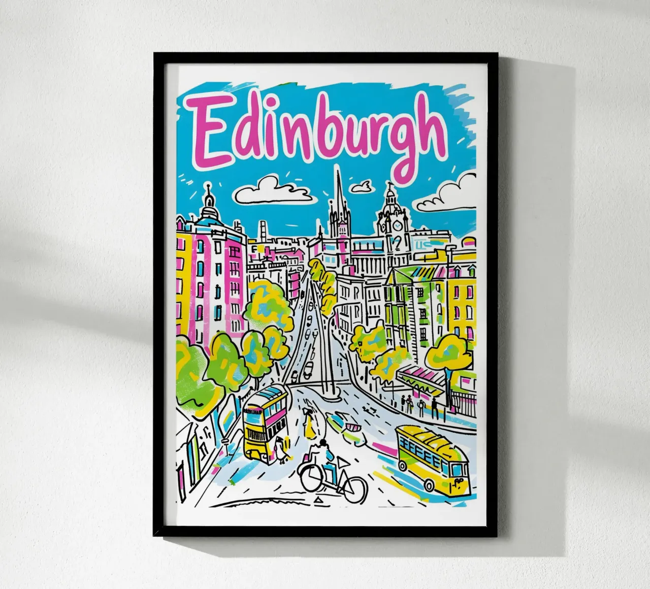 Edimburgo Scozia, città colorata e divertente Poster artistico poster con telaio in legno da homdeco