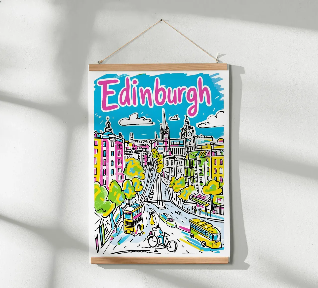 Edimburgo Scozia, città colorata e divertente Poster artistico poster con telaio in legno da homdeco