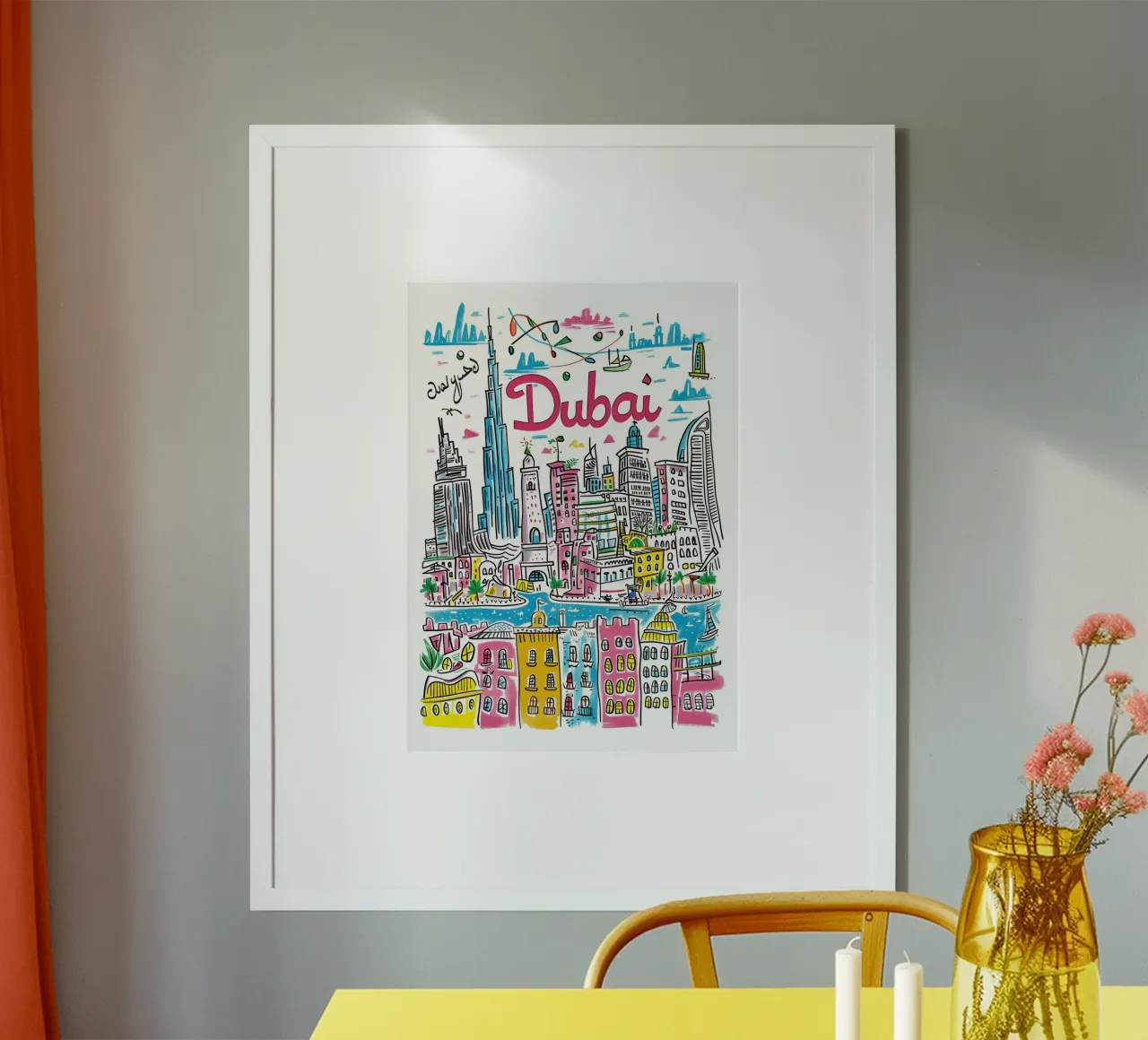Poster artistico della città di Dubai, Emirati Arabi Uniti, colorato e divertente poster con telaio in plastica da homdeco