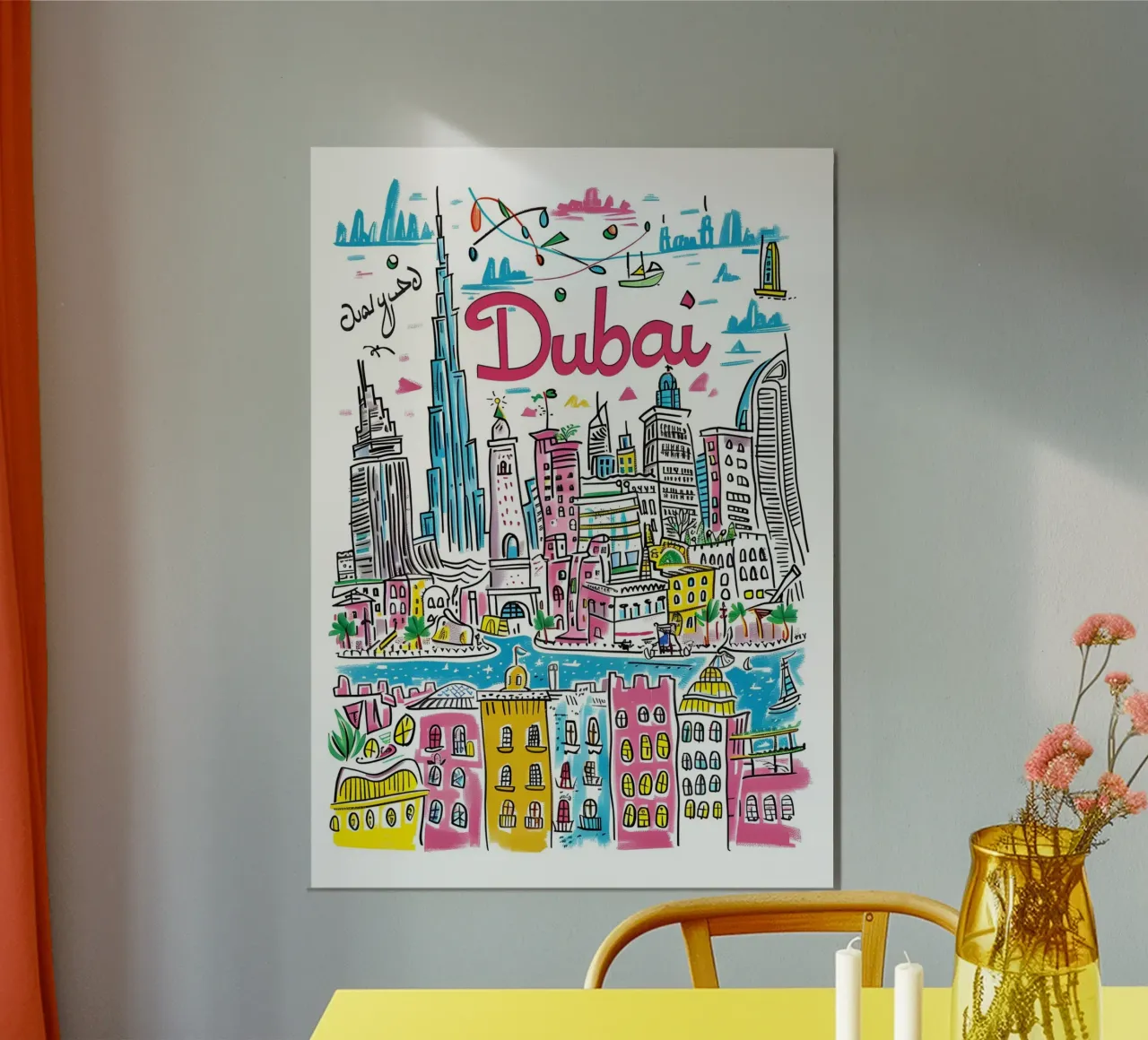 Poster artistico della città di Dubai, Emirati Arabi Uniti, colorato e divertente poster con telaio in plastica da homdeco