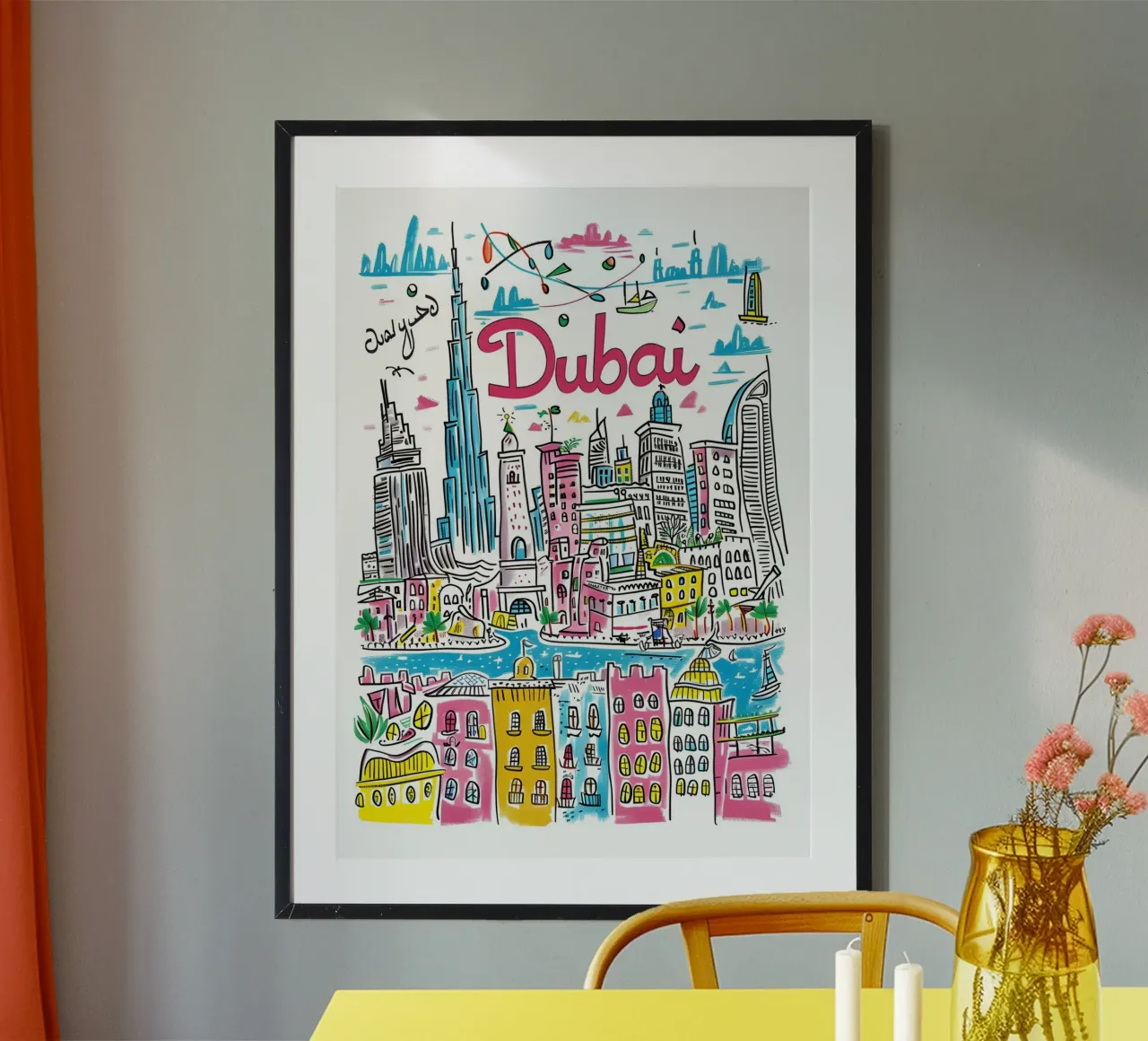 Poster artistico della città di Dubai, Emirati Arabi Uniti, colorato e divertente poster con telaio in plastica da homdeco