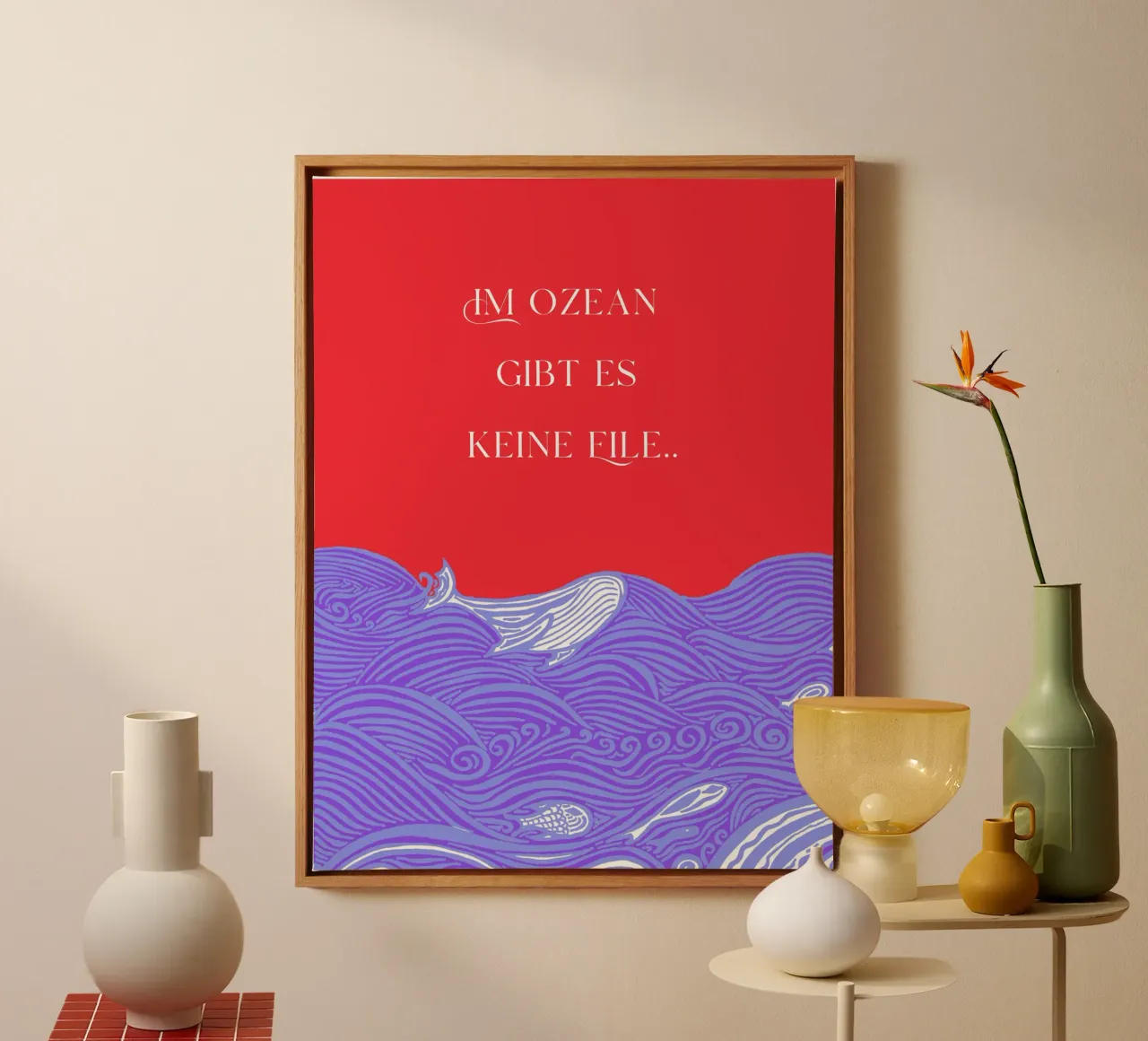 Non c'è fretta nell'oceano - balena nel mare. Blu lilla rosso. tela con Cornice a cassetta da PaperLine Art