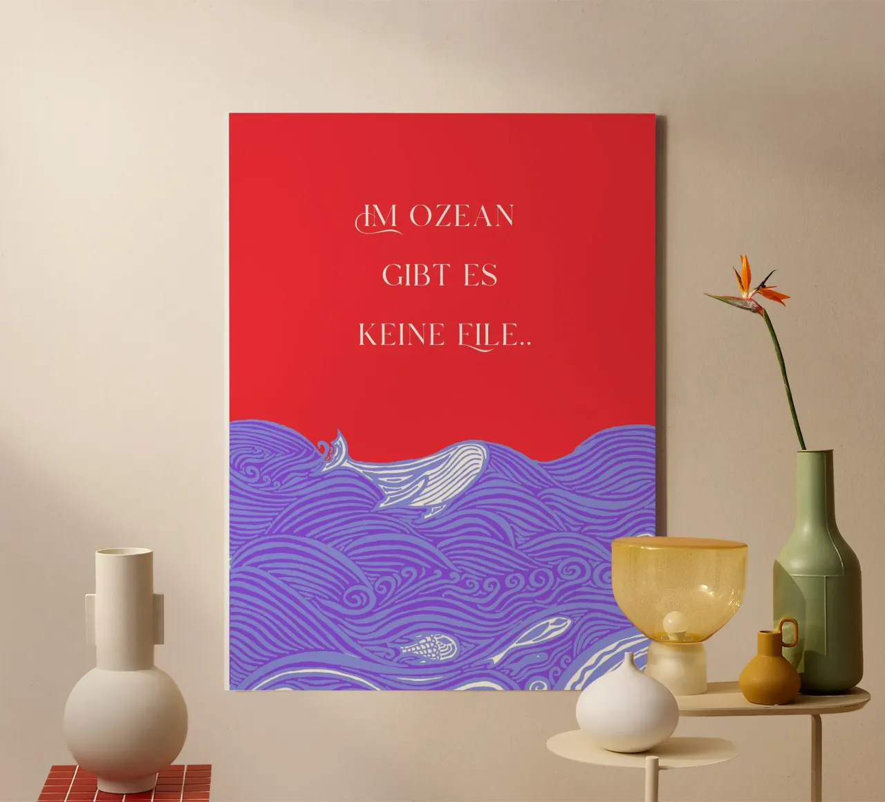 Non c'è fretta nell'oceano - balena nel mare. Blu lilla rosso. tela con Cornice a cassetta da PaperLine Art