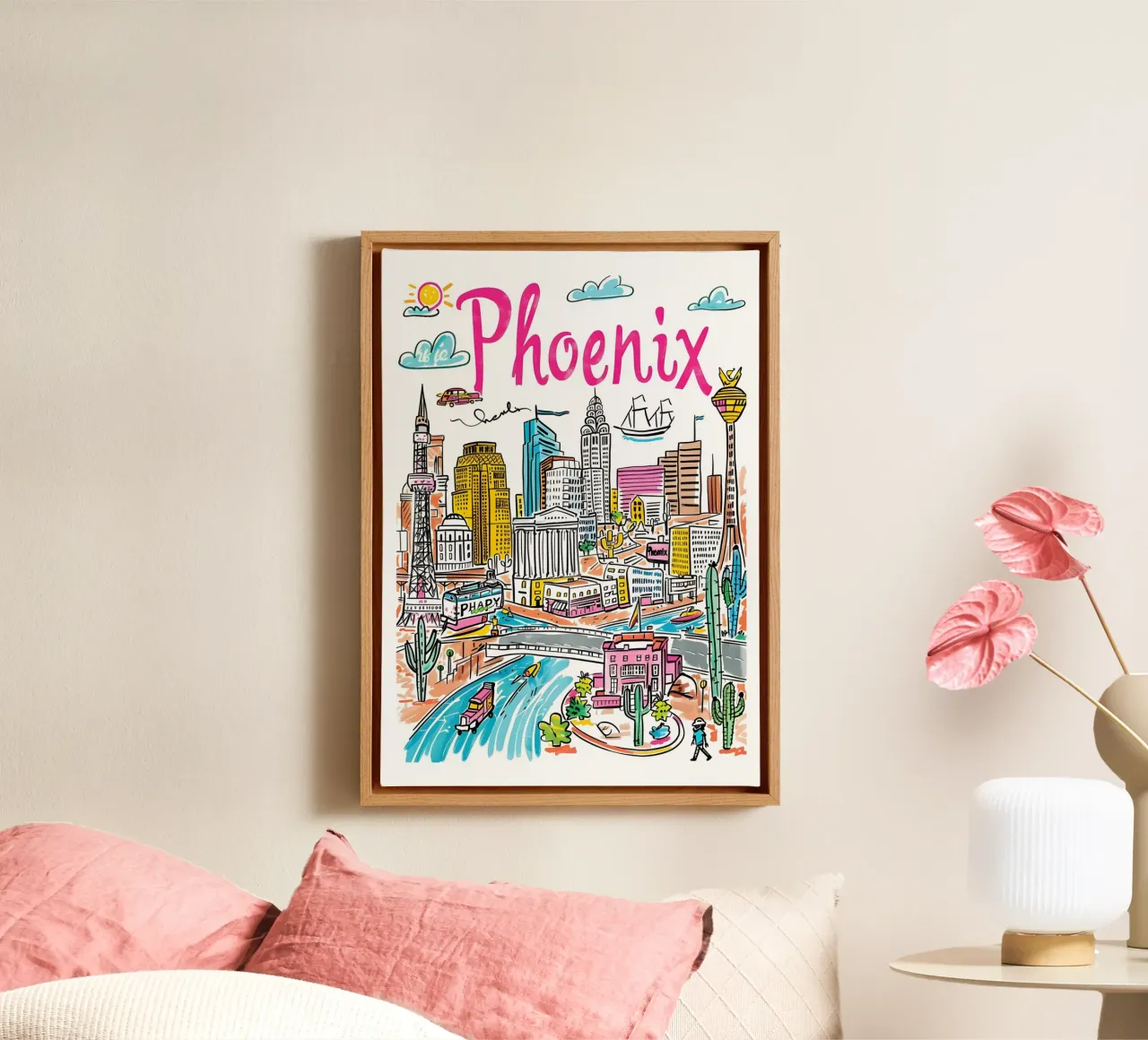 Phoenix Arizona Kleurrijke Funky Stadsposter canvas met Baklijst van homdeco