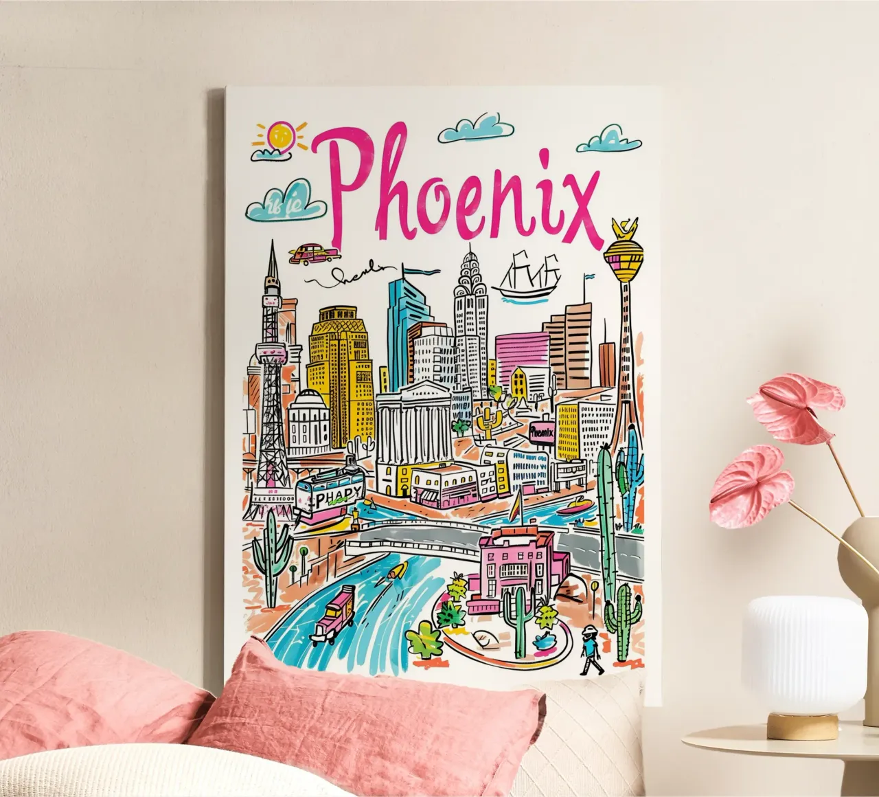 Phoenix Arizona Kleurrijke Funky Stadsposter canvas met Baklijst van homdeco