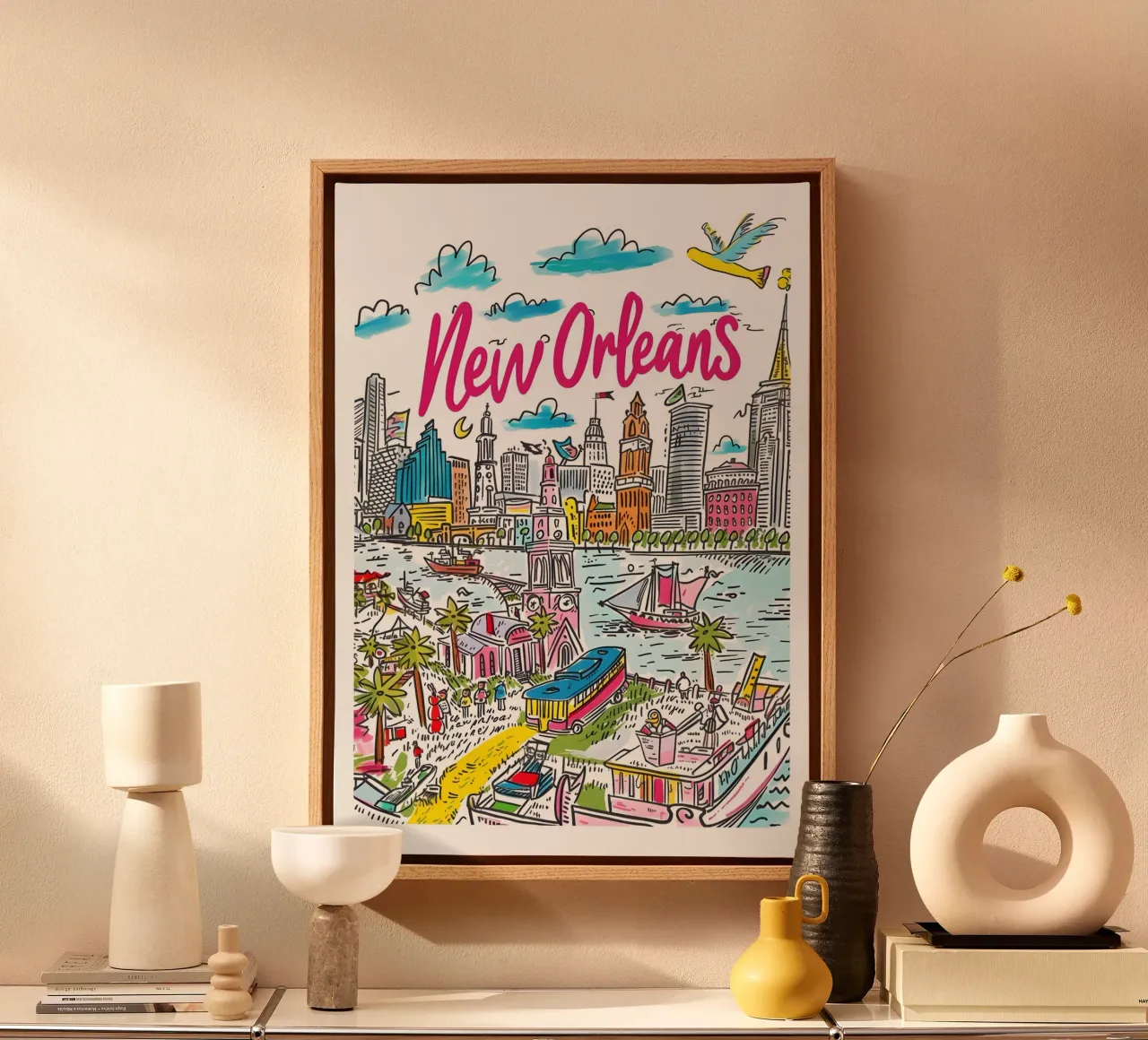 New Orleans Funky Kleurrijke Stadsposter canvas met Baklijst van homdeco