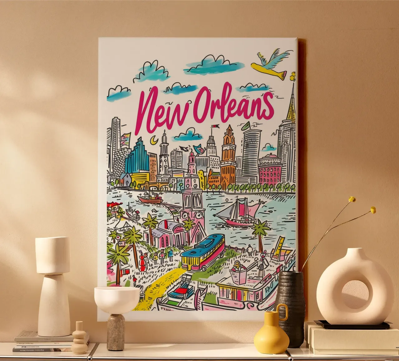 New Orleans Funky Kleurrijke Stadsposter canvas met Baklijst van homdeco