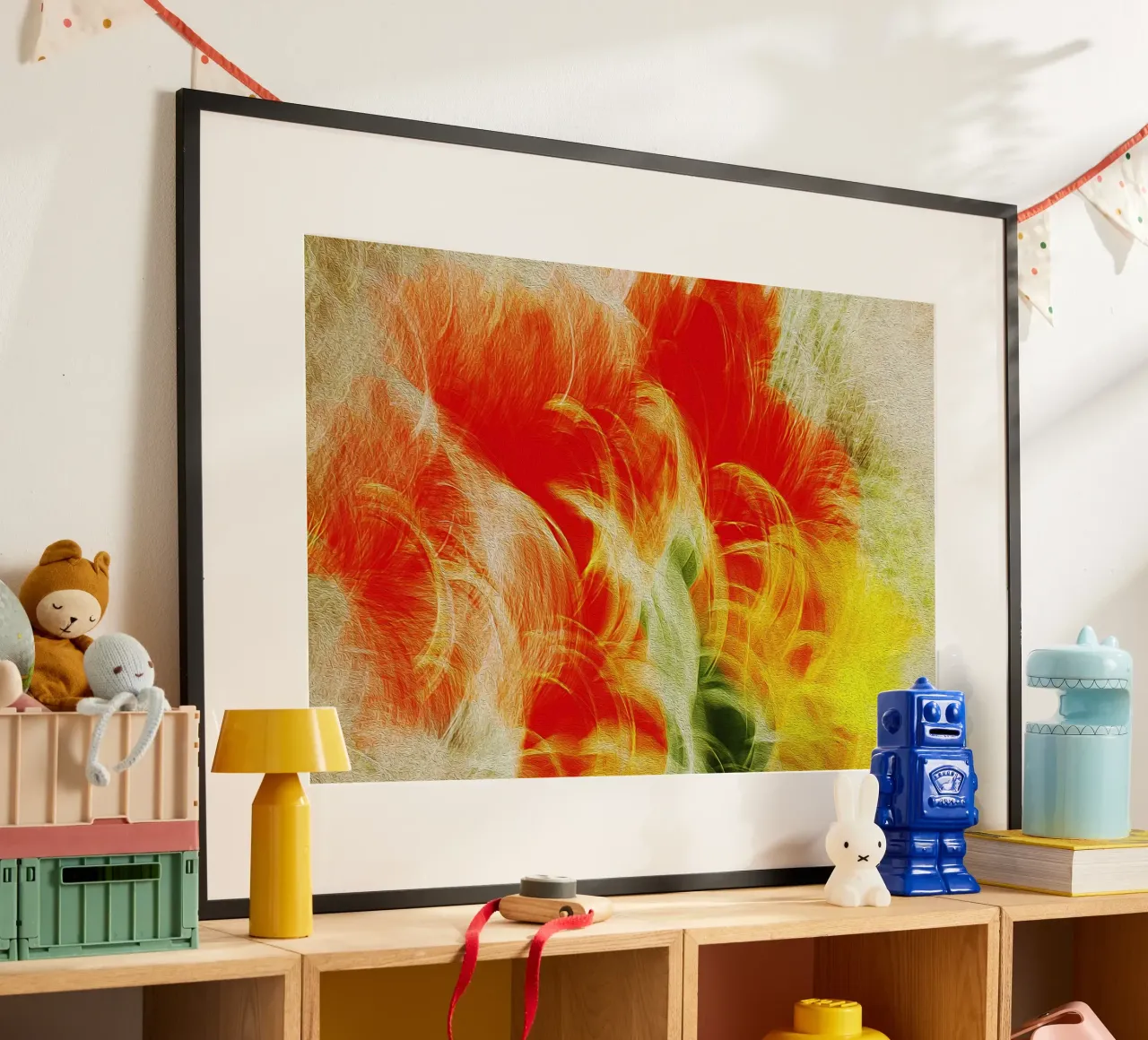 Loops floreali - Stampa astratta a colori in movimento poster con telaio in alluminio da jay