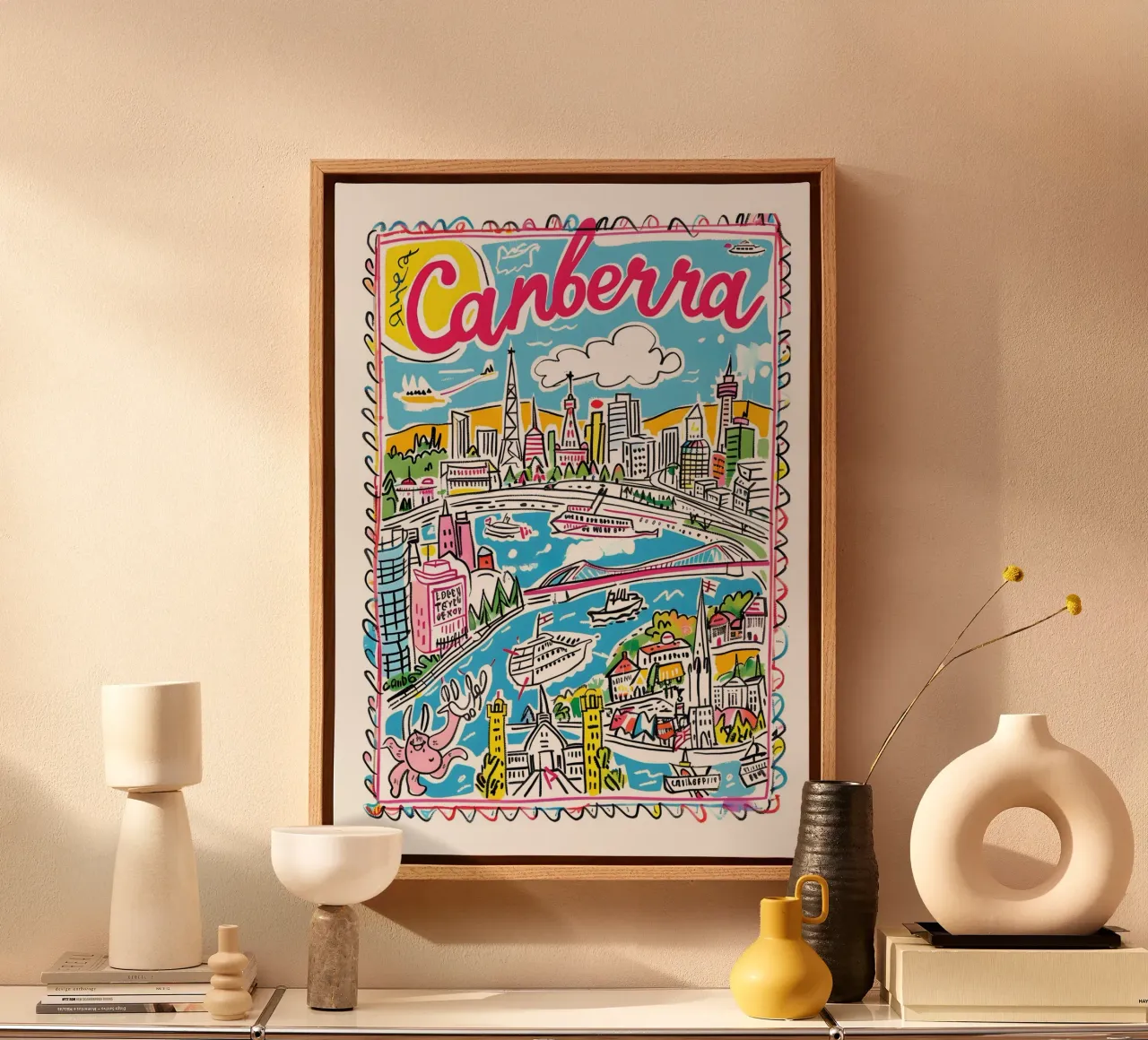Canberra Australië Kleurrijke Funky Stadsposter canvas met Baklijst van homdeco
