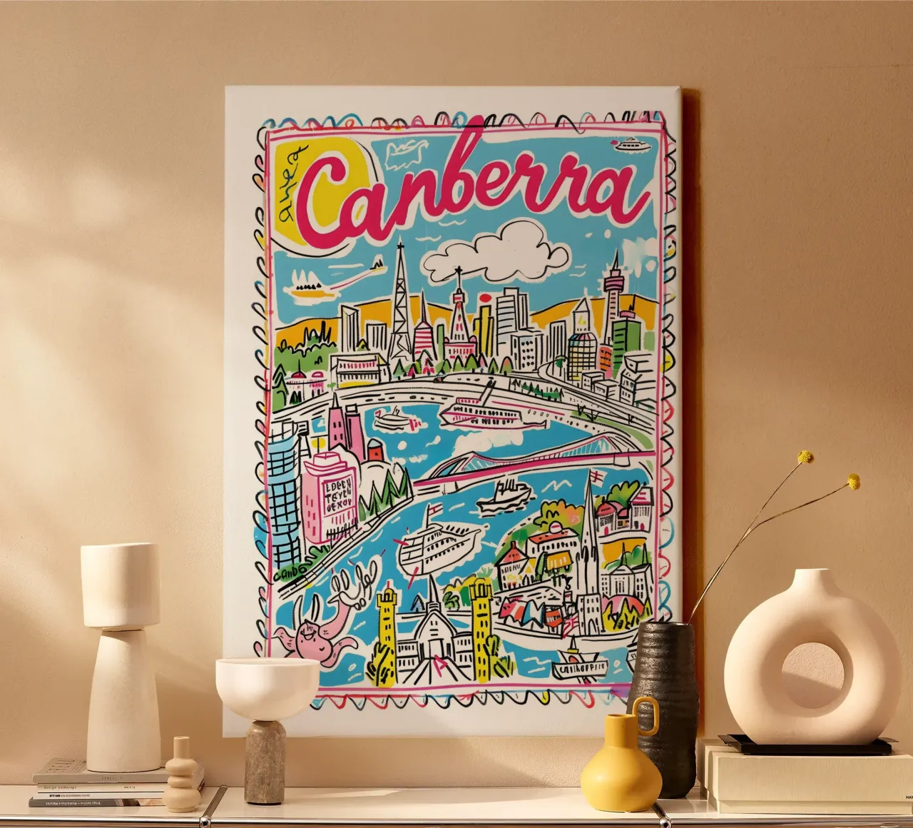 Canberra Australië Kleurrijke Funky Stadsposter canvas met Baklijst van homdeco