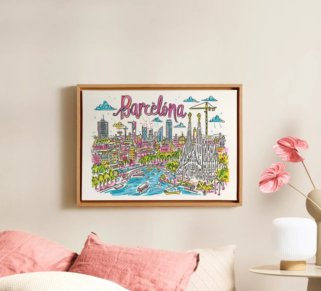 Barcelona Spanje Funky Kleurrijke Stadsposter canvas met Baklijst van homdeco