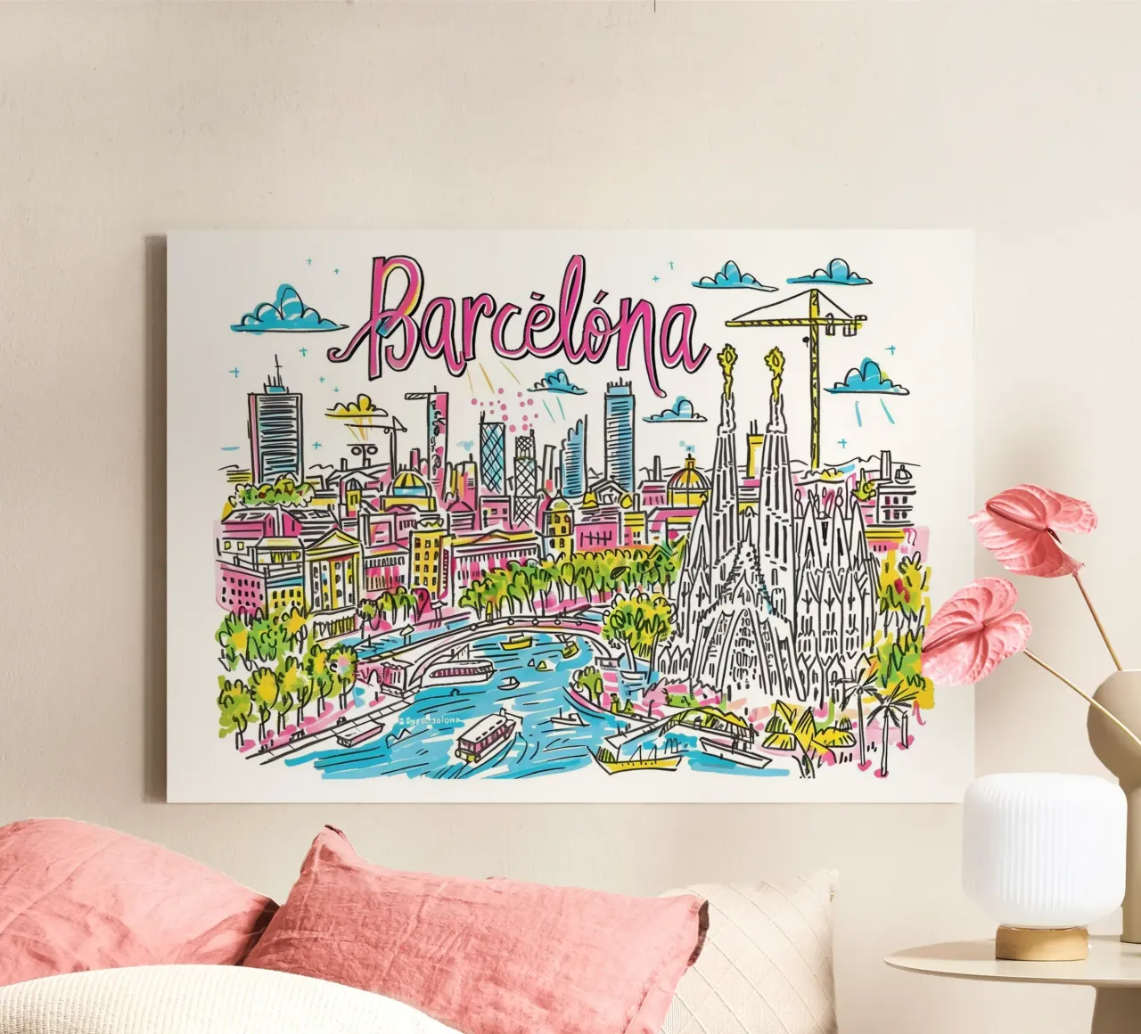 Barcelona Spanje Funky Kleurrijke Stadsposter canvas met Baklijst van homdeco