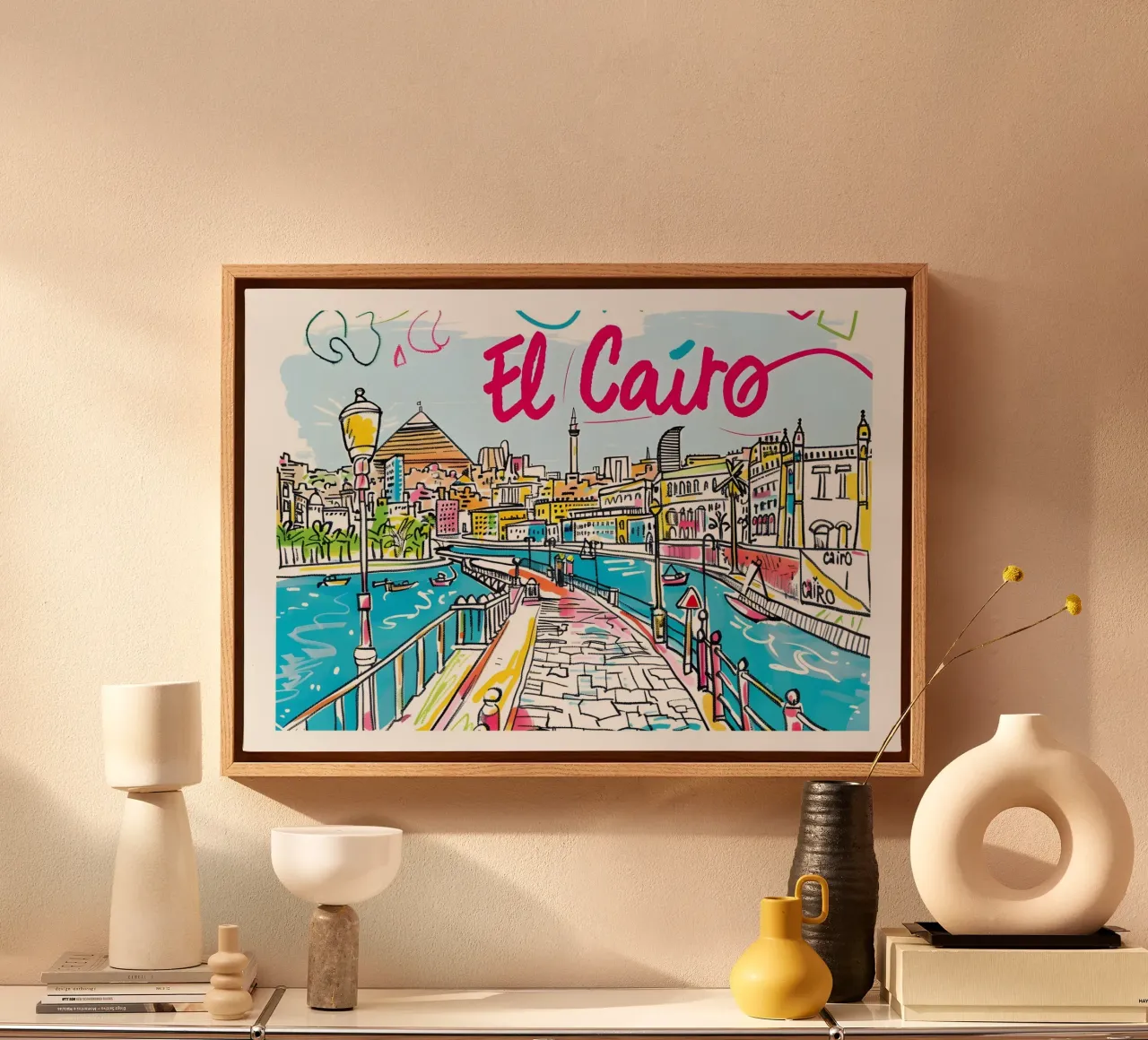 El Cairo Egypte Kleurrijke Funky Stadsposter canvas met Baklijst van homdeco