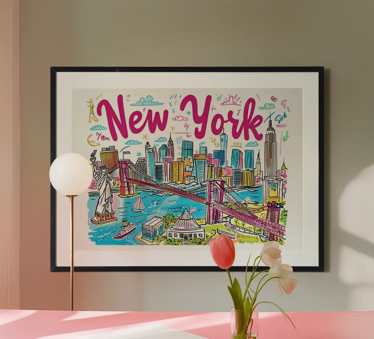Poster artistico con skyline colorato e divertente di New York City poster con telaio in legno da homdeco