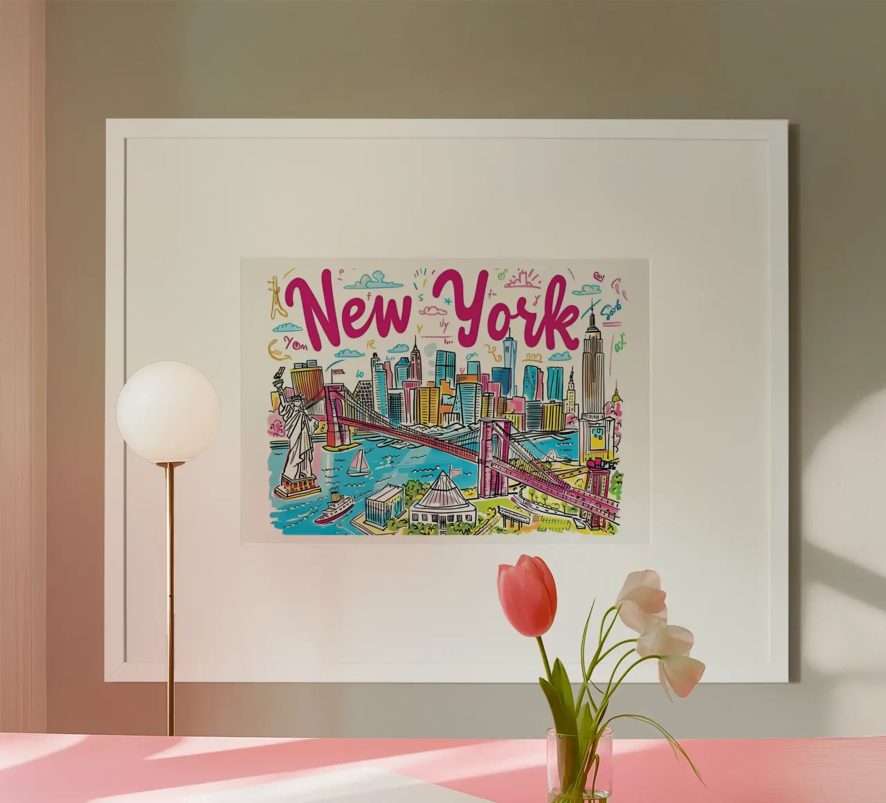 Poster artistico con skyline colorato e divertente di New York City poster con telaio in legno da homdeco