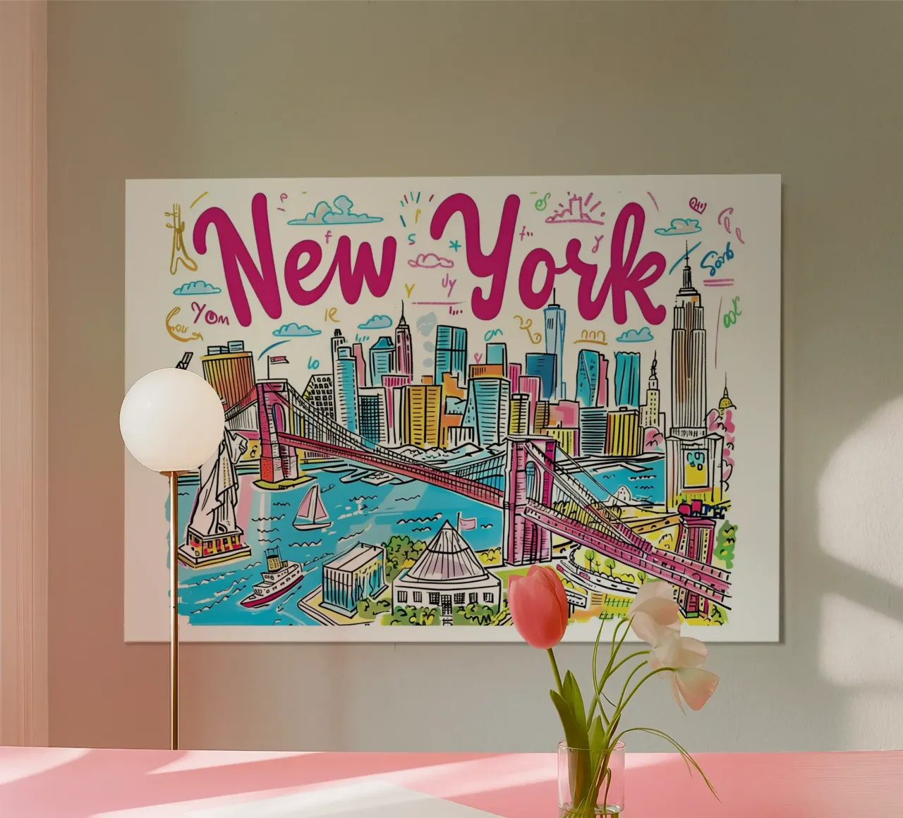 Poster artistico con skyline colorato e divertente di New York City poster con telaio in legno da homdeco