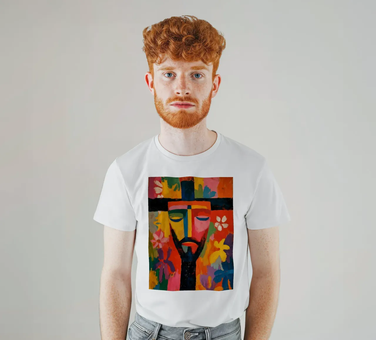 Optimistic Jesus face | Expressionist power of colour t-shirt by Autofocus