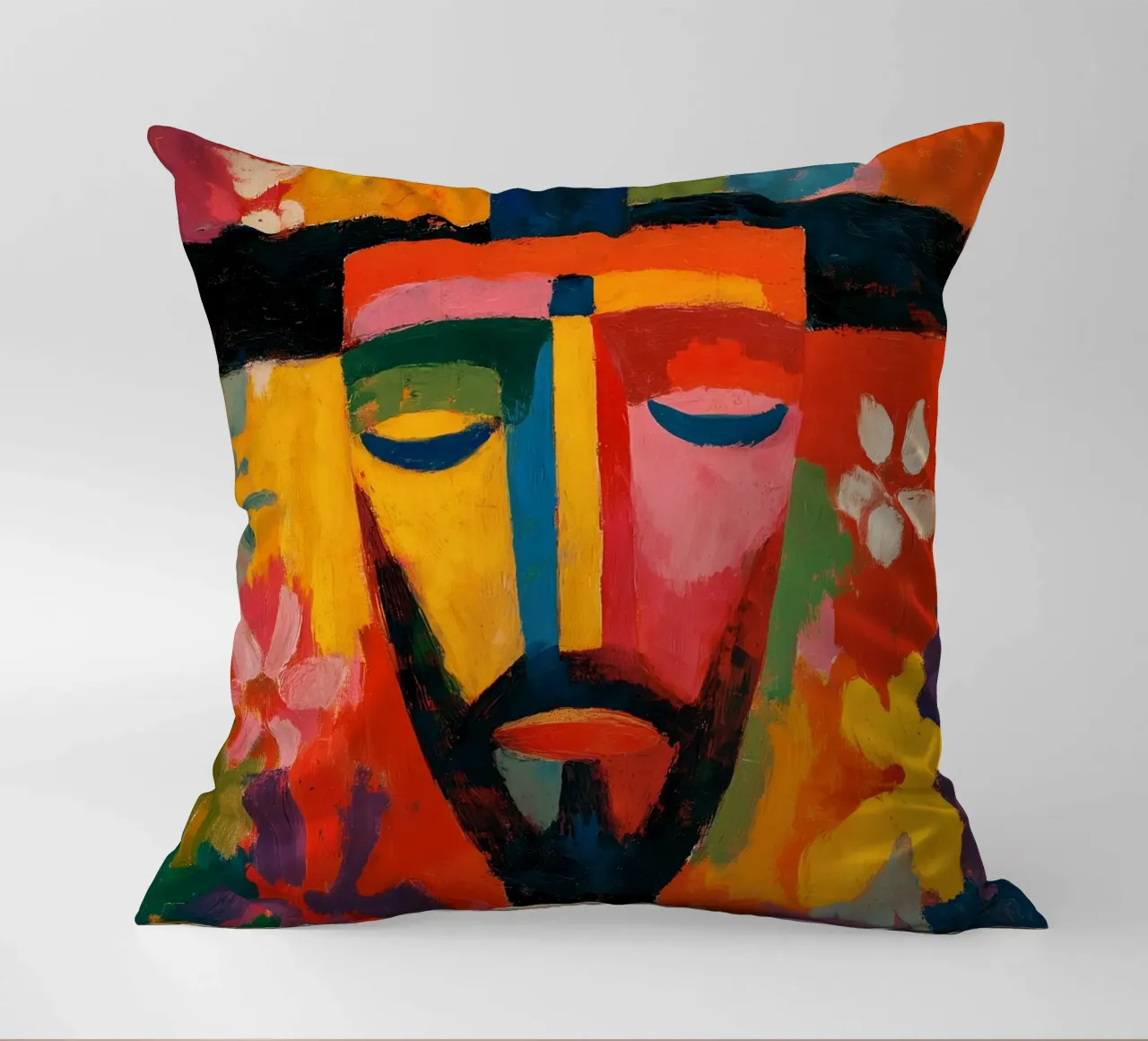Optimistic Jesus face | Expressionist power of colour decorative cushion by Autofocus