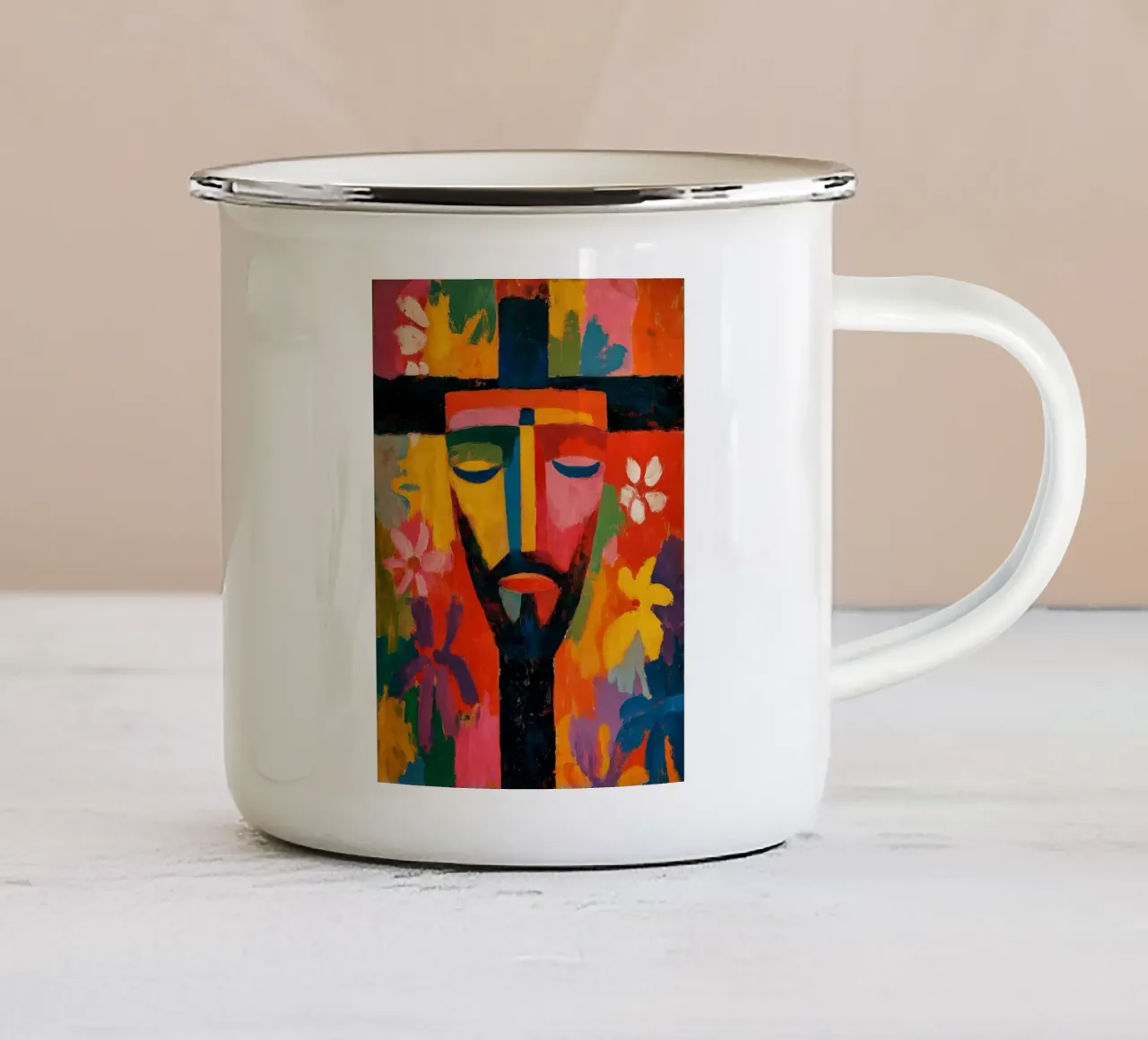 Optimistic Jesus face | Expressionist power of colour enamel mug by Autofocus