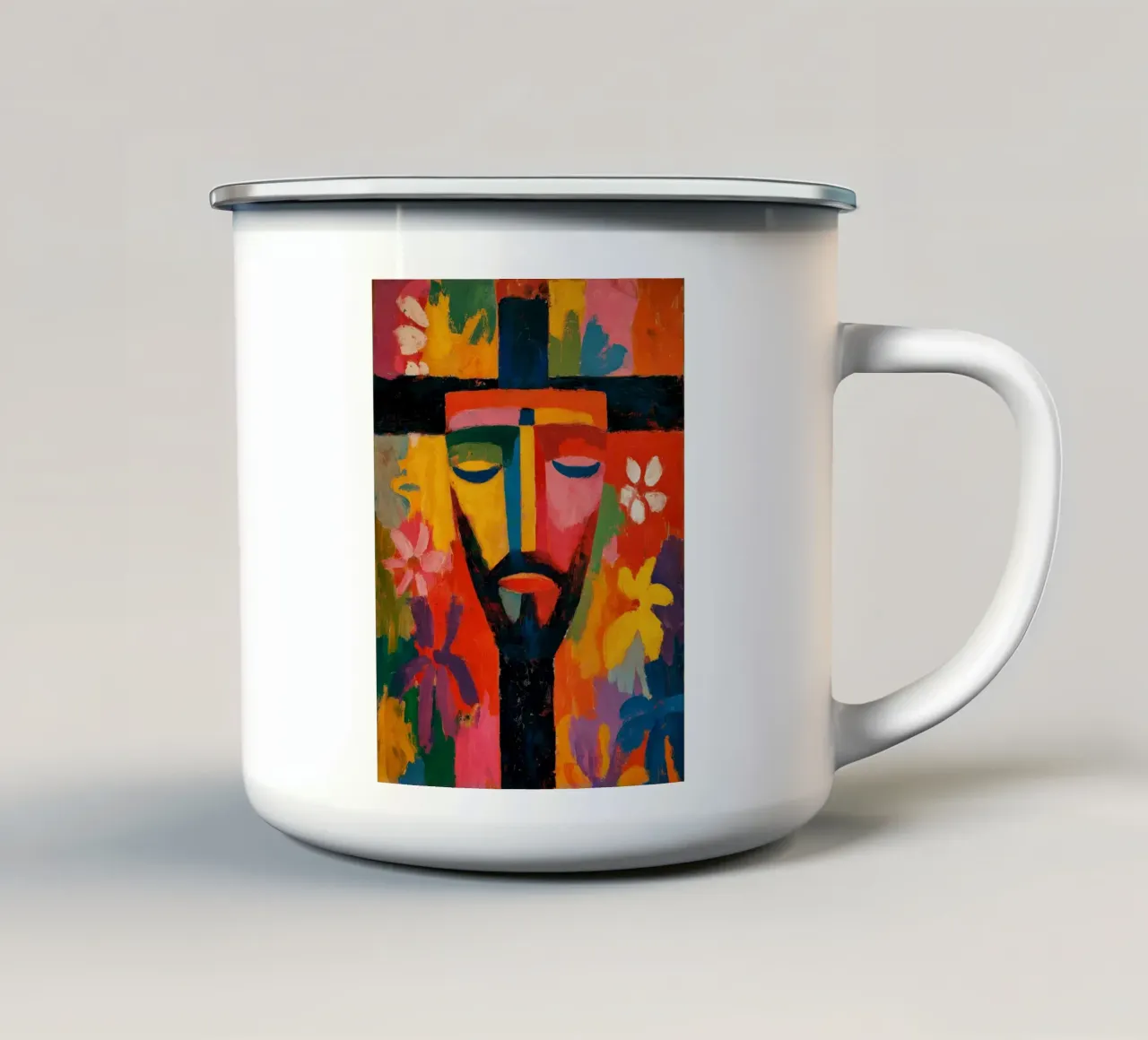 Optimistic Jesus face | Expressionist power of colour enamel mug by Autofocus