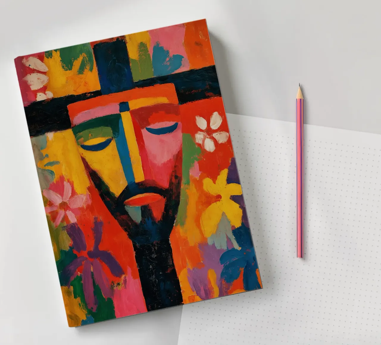 Optimistic Jesus face | Expressionist power of colour notebook by Autofocus