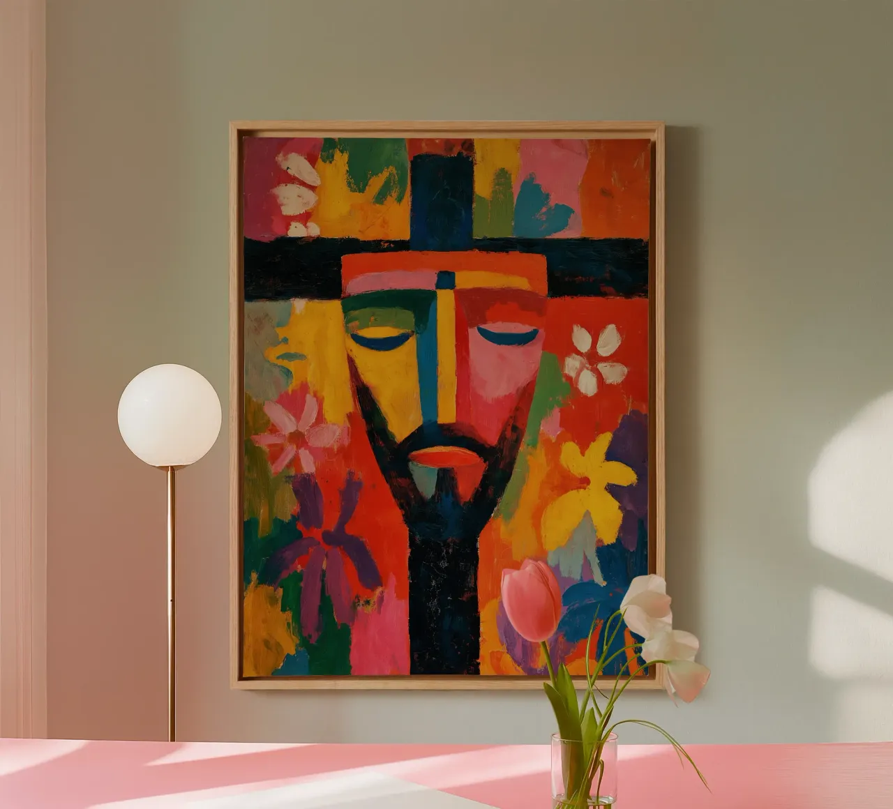 Optimistic Jesus face | Expressionist power of colour canvas with Floater frame by Autofocus