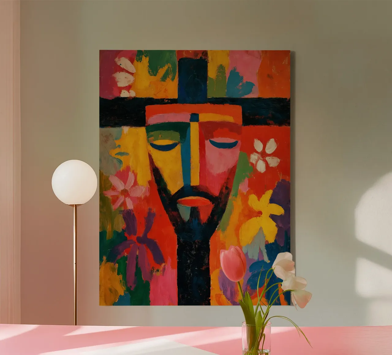 Optimistic Jesus face | Expressionist power of colour canvas with Floater frame by Autofocus