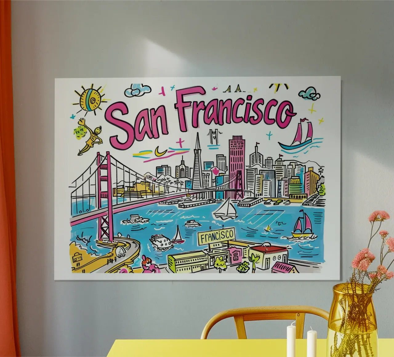 Poster artistico della città di San Francisco, colorato e divertente poster da homdeco